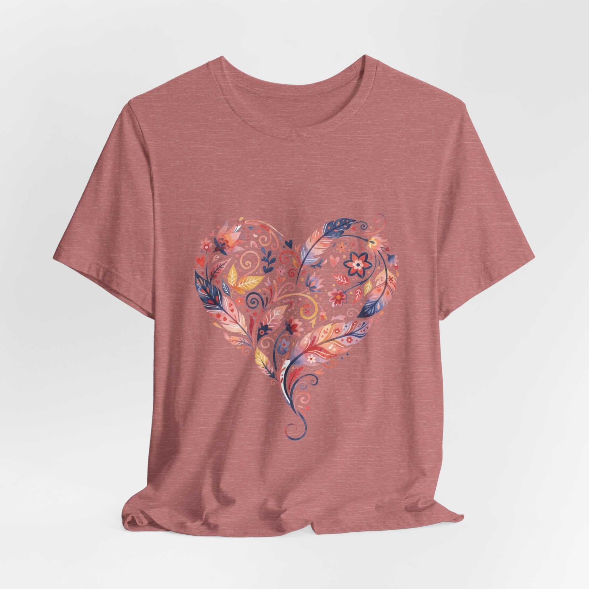 Floral Heart Graphic Tee — Boho Feather & Flower Design