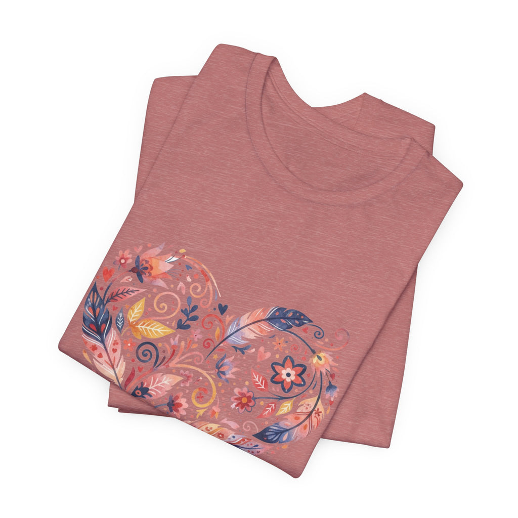 Floral Heart Graphic Tee — Boho Feather & Flower Design