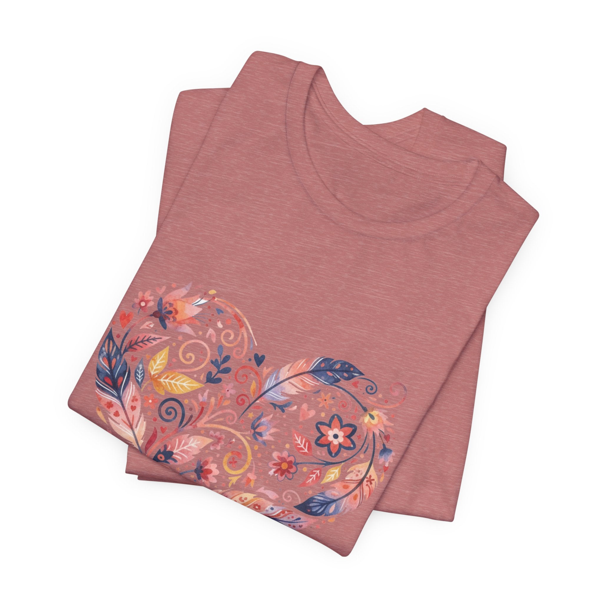 Floral Heart Graphic Tee — Boho Feather & Flower Design