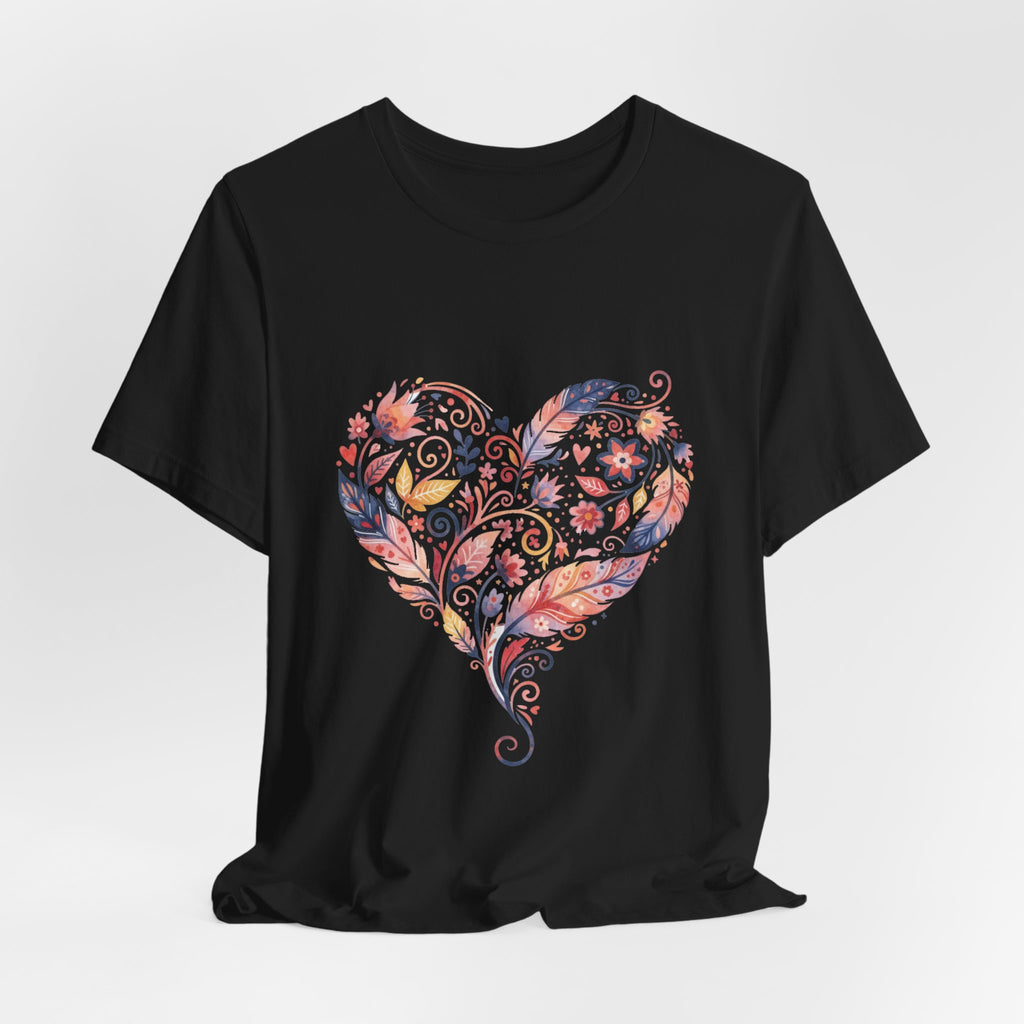 Floral Heart Graphic Tee — Boho Feather & Flower Design