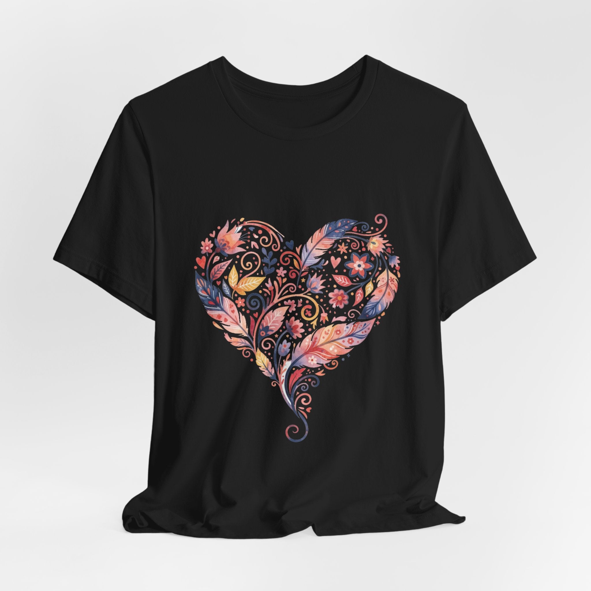 Floral Heart Graphic Tee — Boho Feather & Flower Design