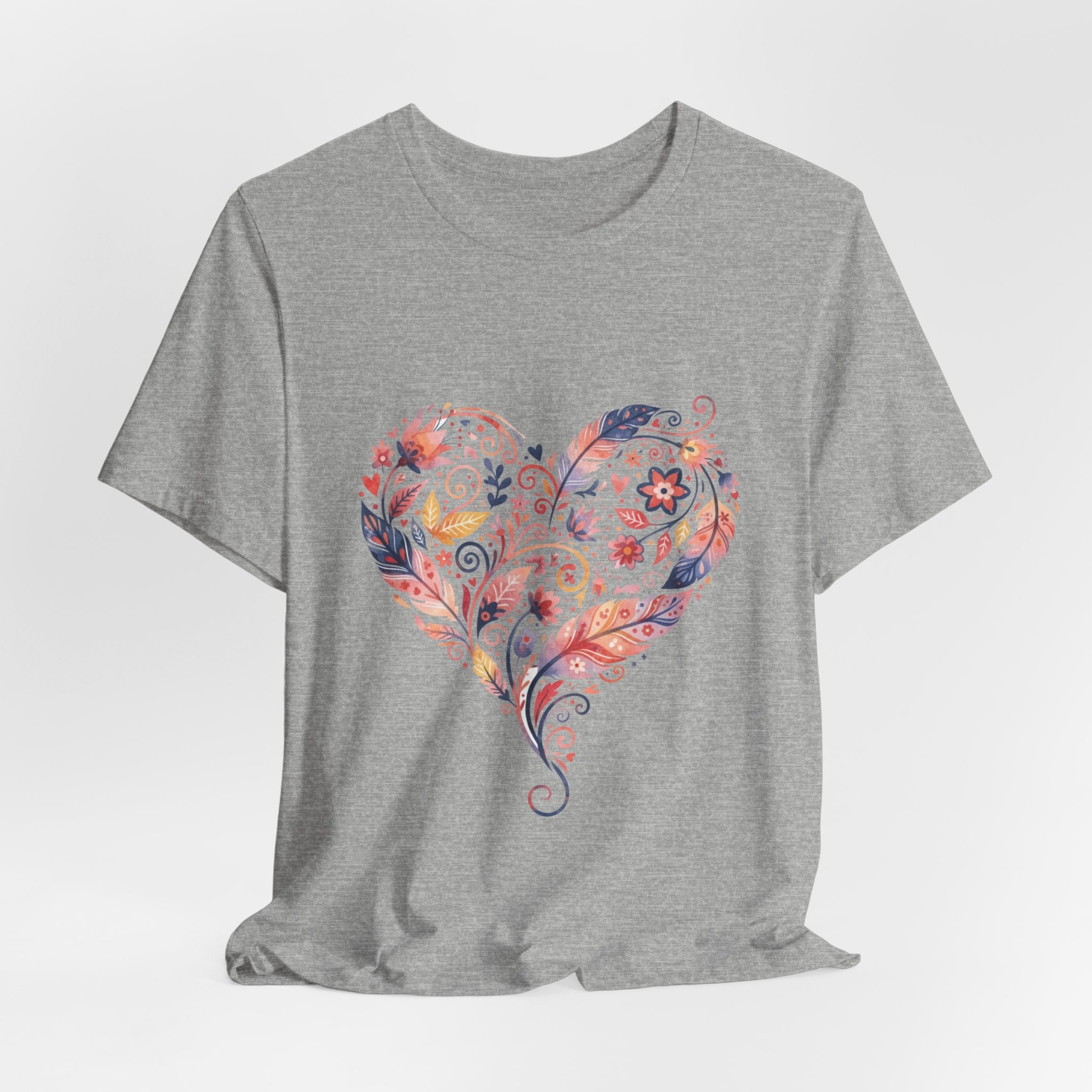 Floral Heart Graphic Tee — Boho Feather & Flower Design