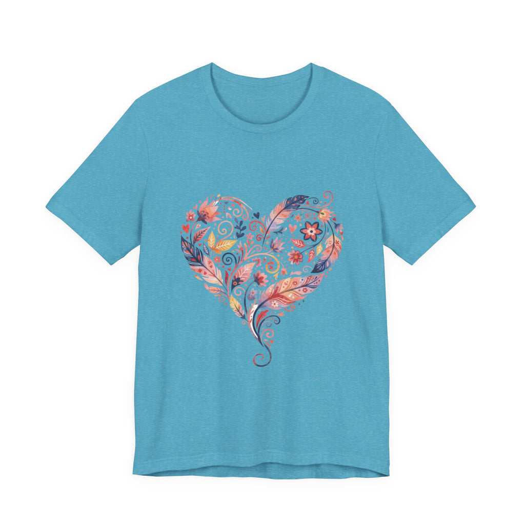Floral Heart Graphic Tee — Boho Feather & Flower Design