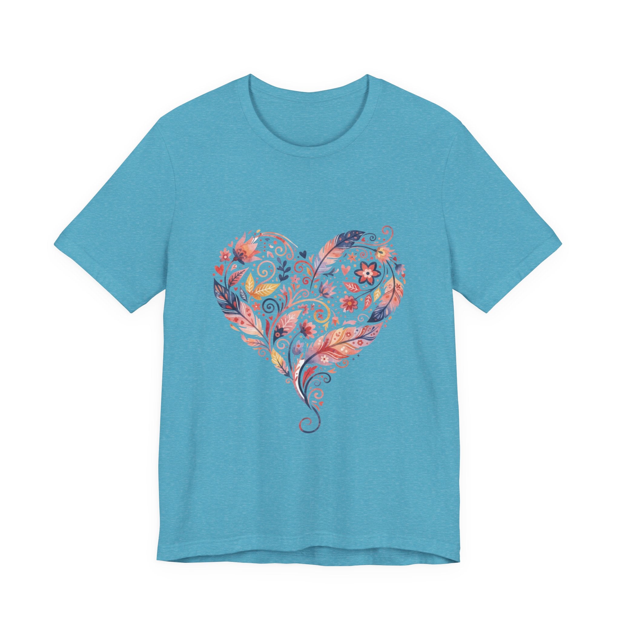 Floral Heart Graphic Tee — Boho Feather & Flower Design