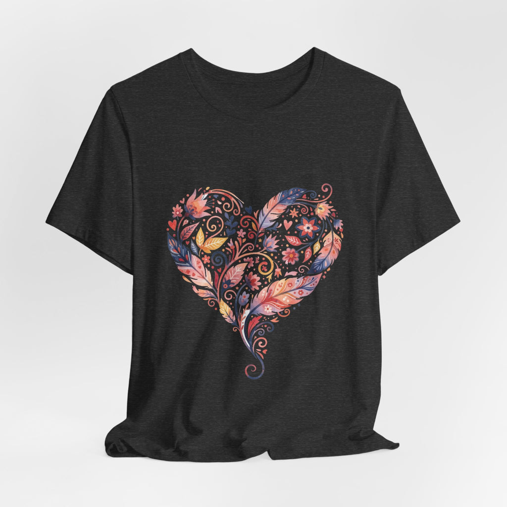 Floral Heart Graphic Tee — Boho Feather & Flower Design