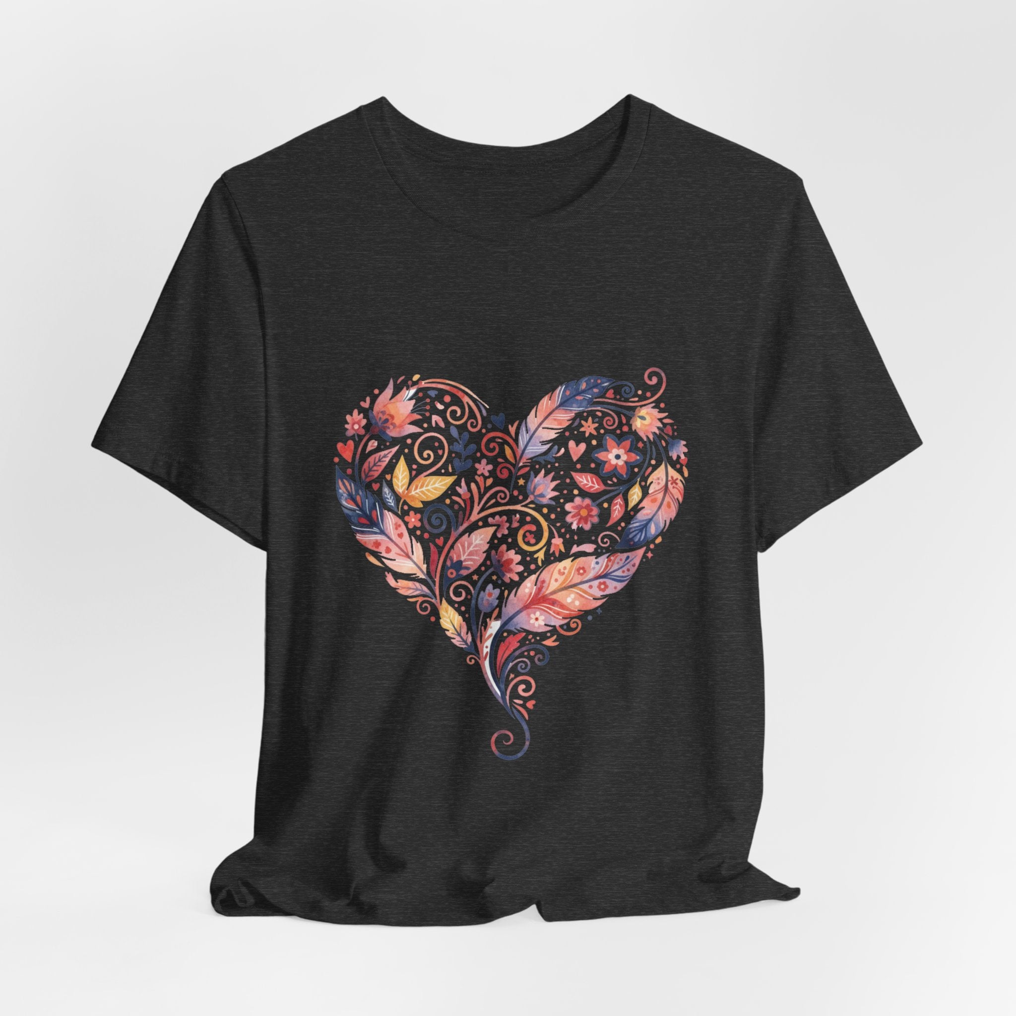 Floral Heart Graphic Tee — Boho Feather & Flower Design
