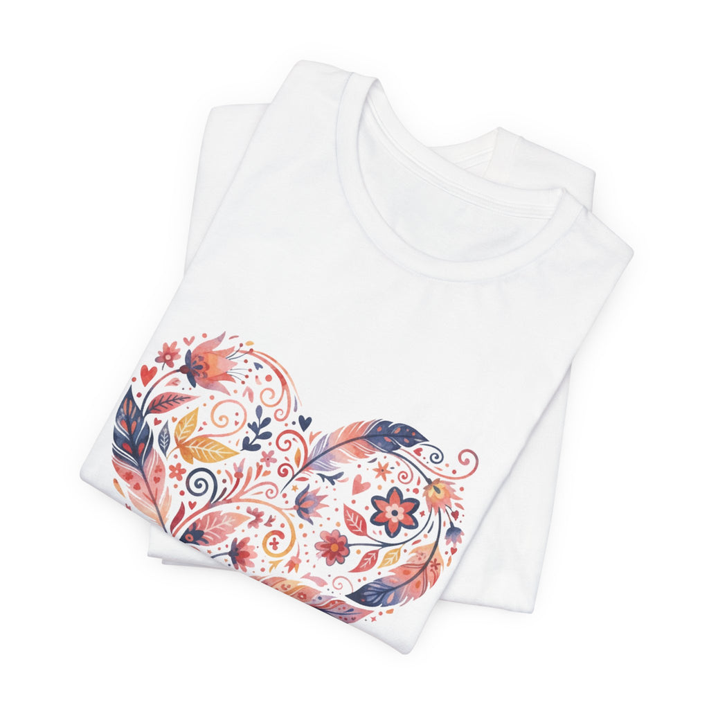 Floral Heart Graphic Tee — Boho Feather & Flower Design