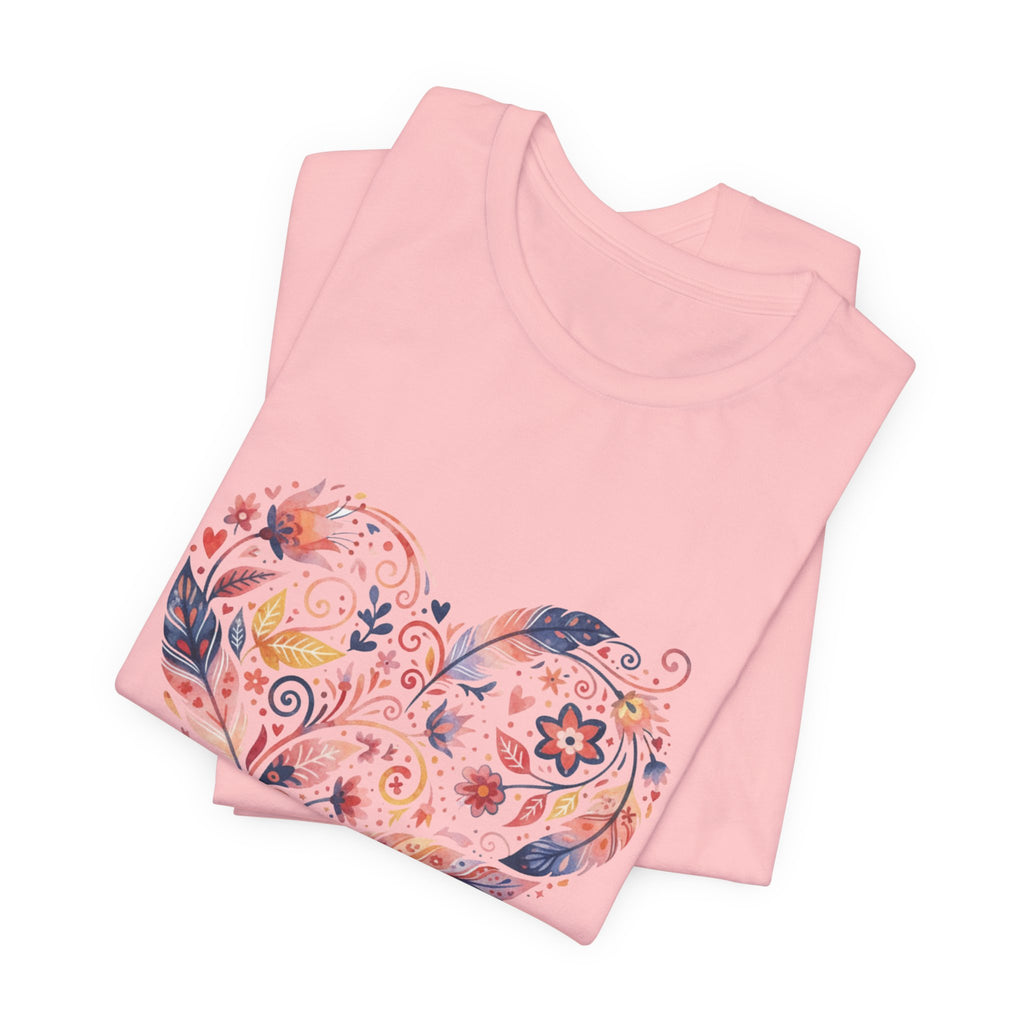 Floral Heart Graphic Tee — Boho Feather & Flower Design