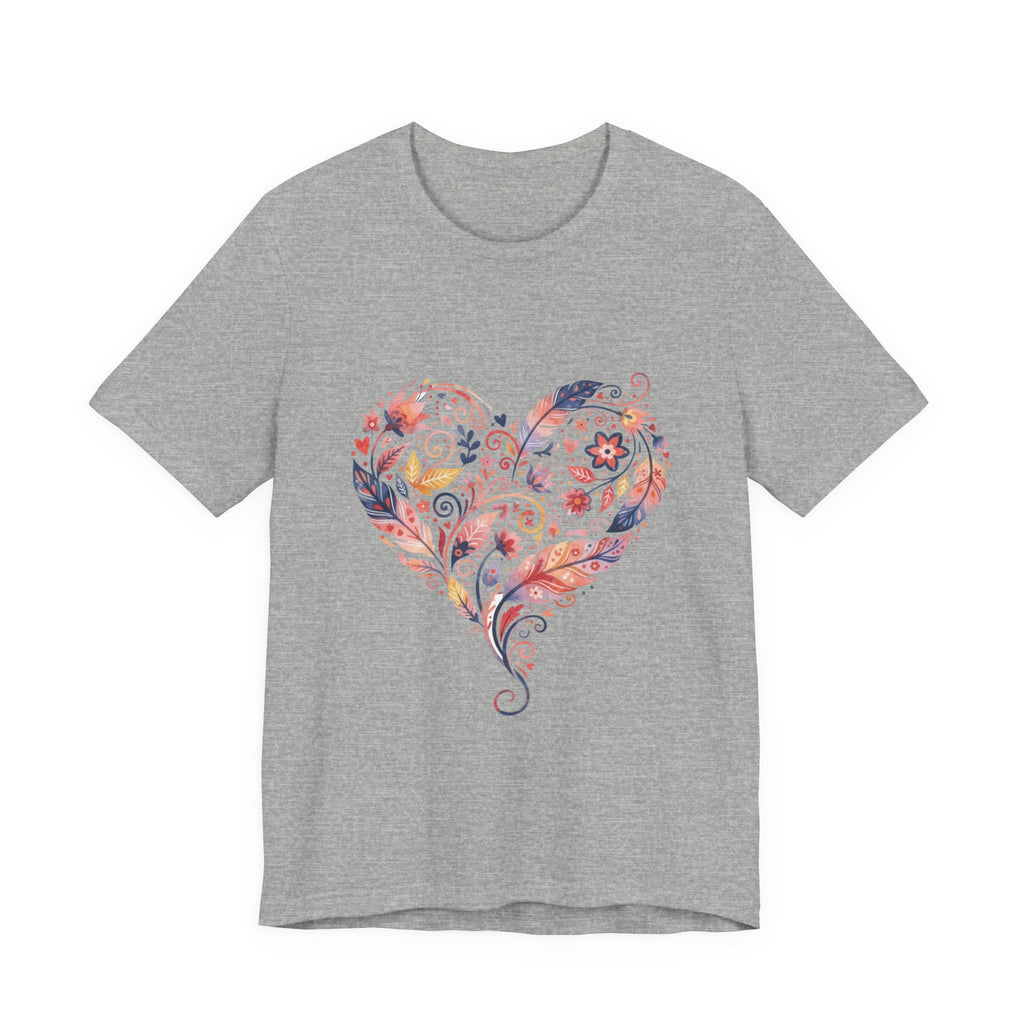 Floral Heart Graphic Tee — Boho Feather & Flower Design