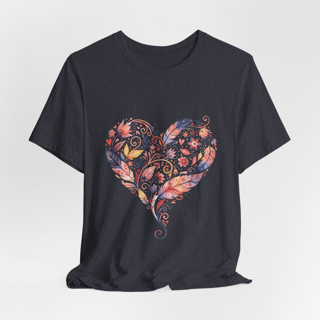 Floral Heart Graphic Tee — Boho Feather & Flower Design