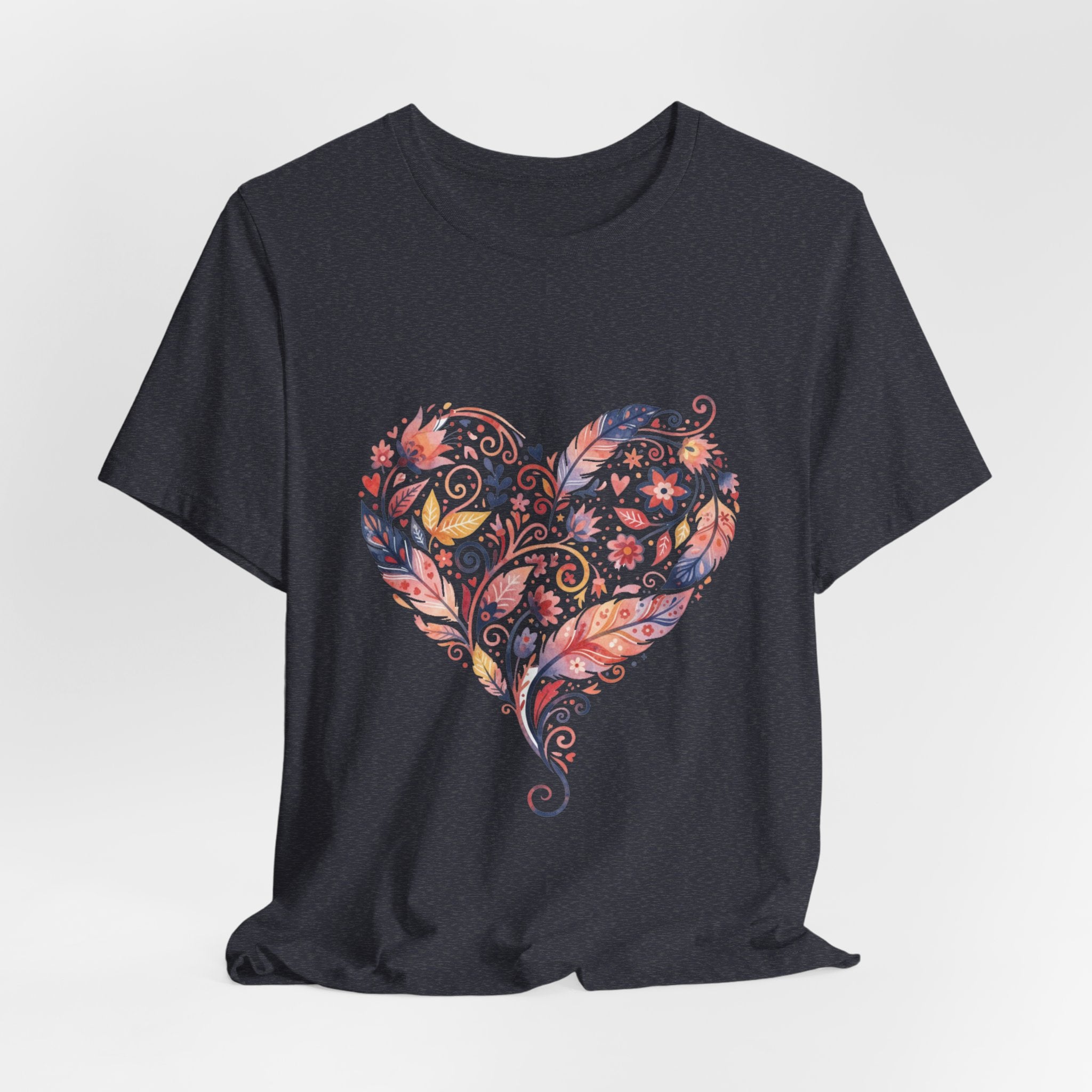 Floral Heart Graphic Tee — Boho Feather & Flower Design