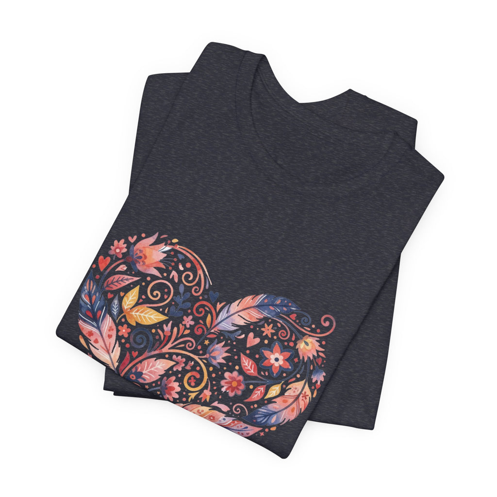 Floral Heart Graphic Tee — Boho Feather & Flower Design