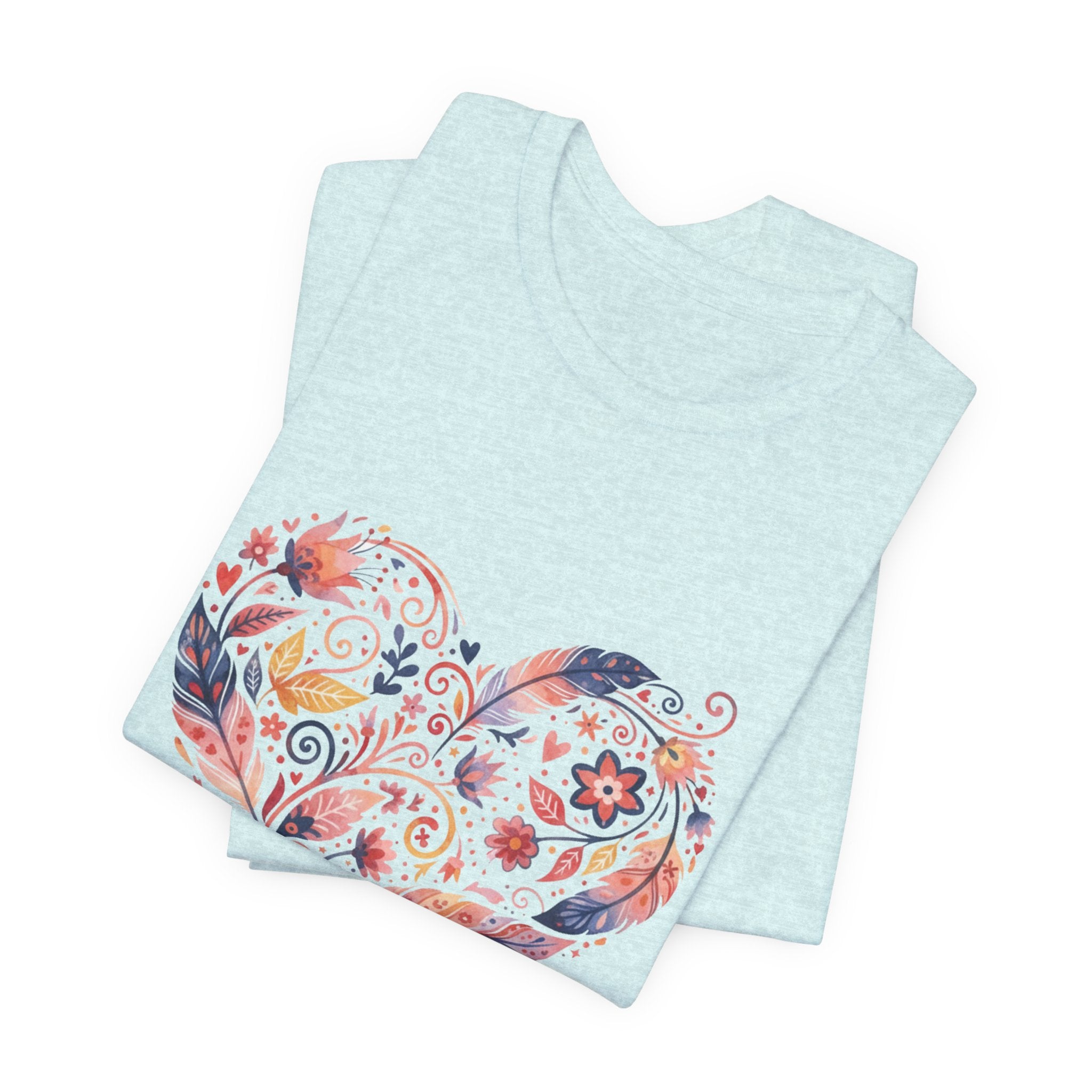 Floral Heart Graphic Tee — Boho Feather & Flower Design