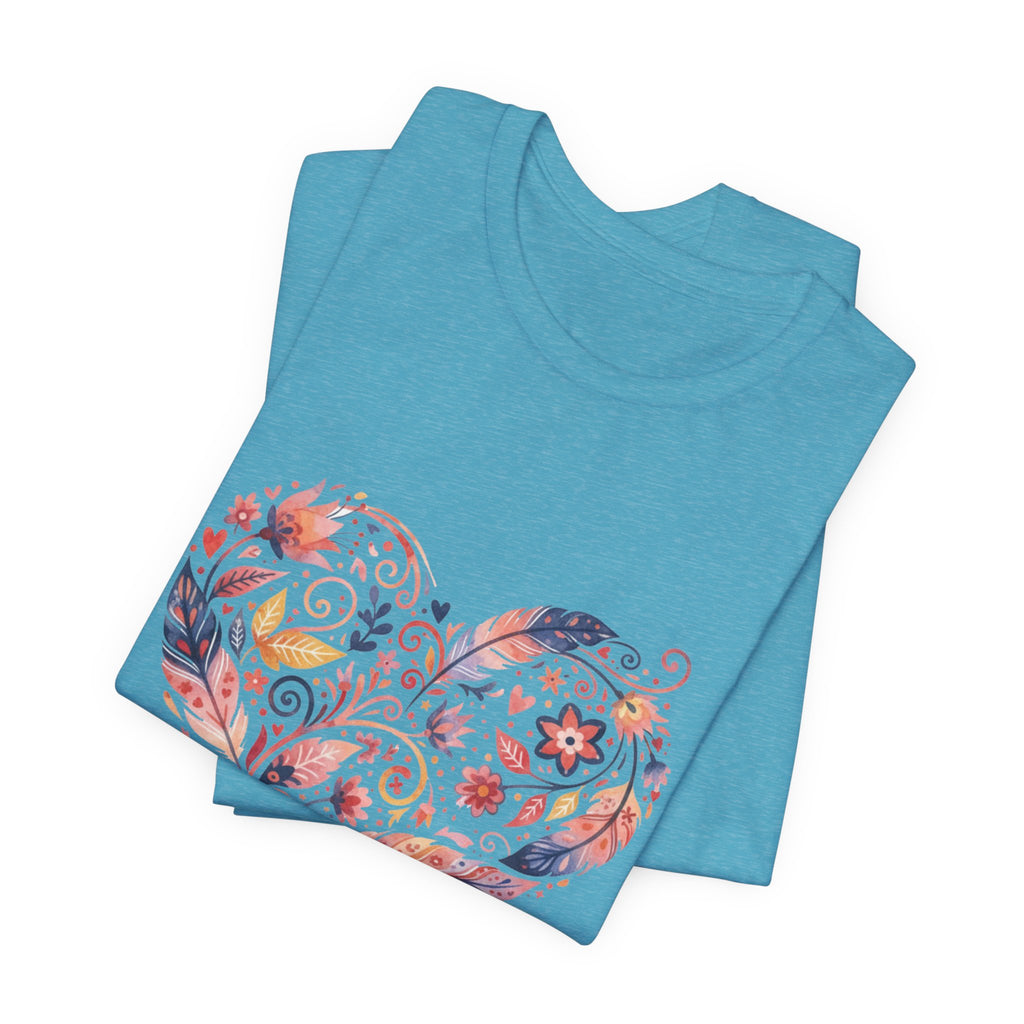 Floral Heart Graphic Tee — Boho Feather & Flower Design