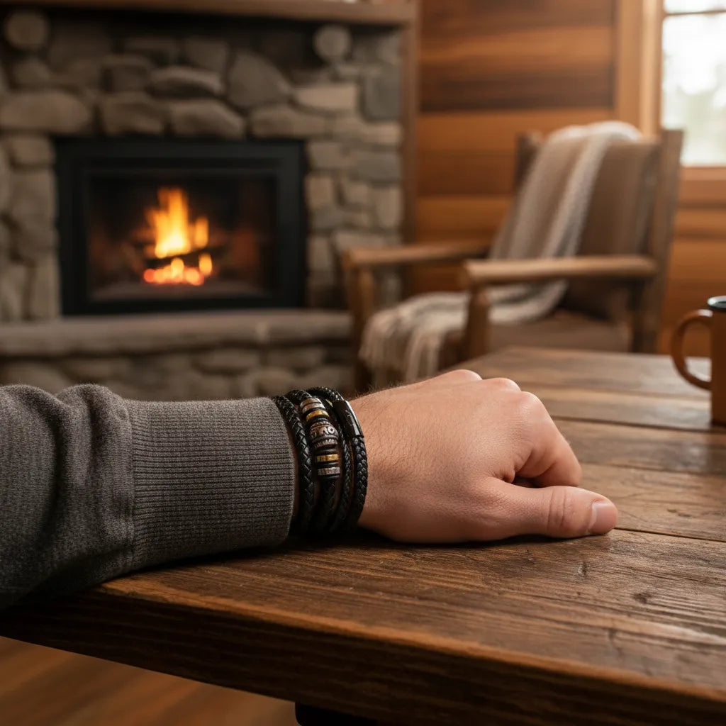 Gift for Husband - Anchor in our Family - Men's Leather Bracelet