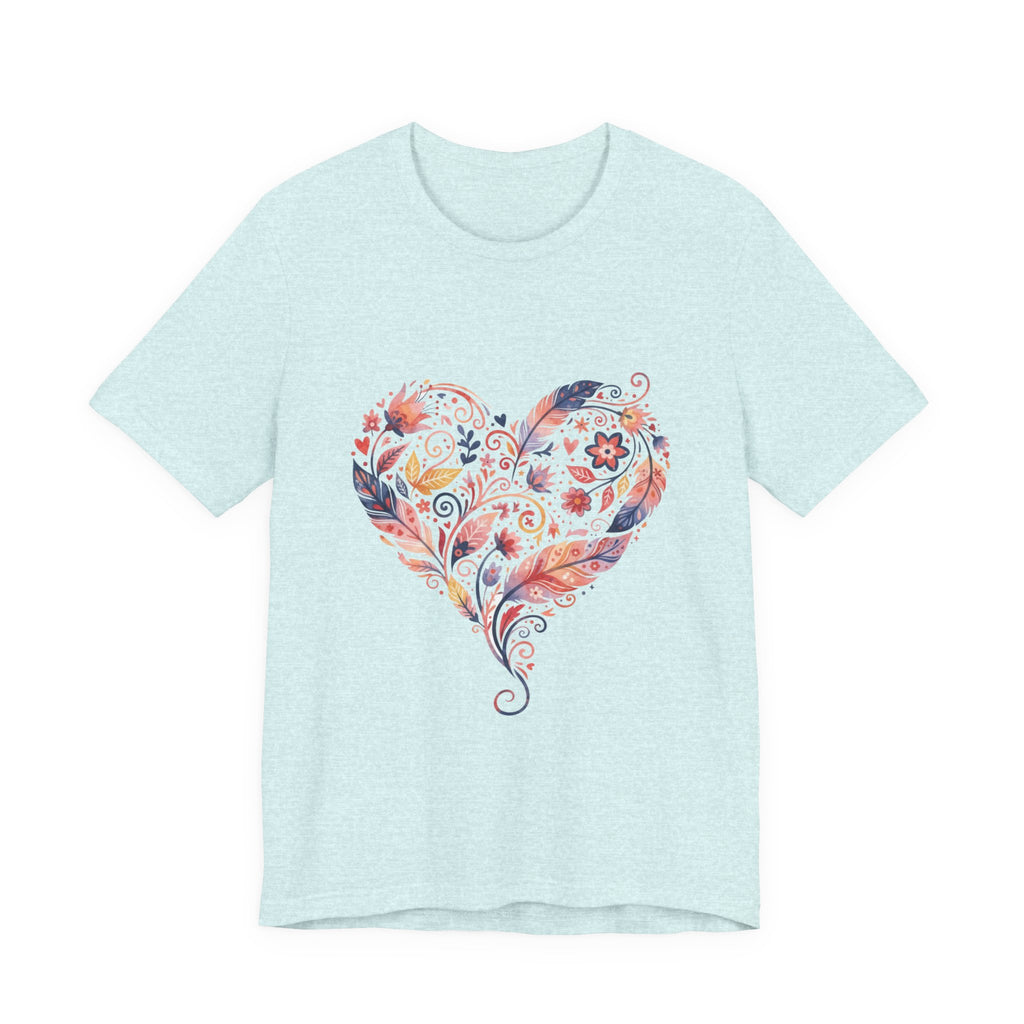 Floral Heart Graphic Tee — Boho Feather & Flower Design