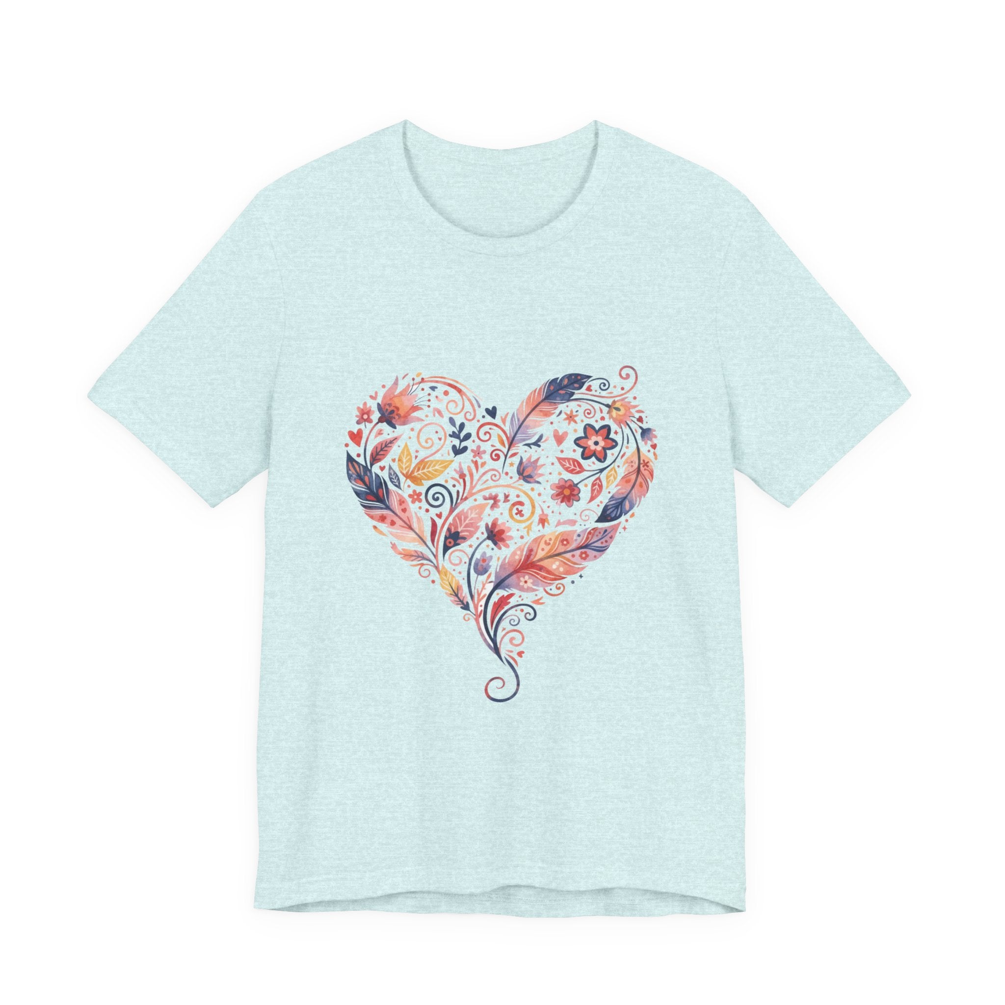 Floral Heart Graphic Tee — Boho Feather & Flower Design