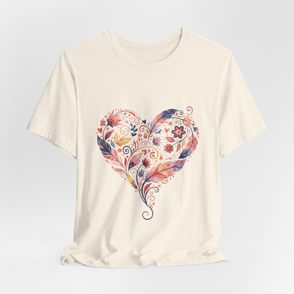 Floral Heart Graphic Tee — Boho Feather & Flower Design