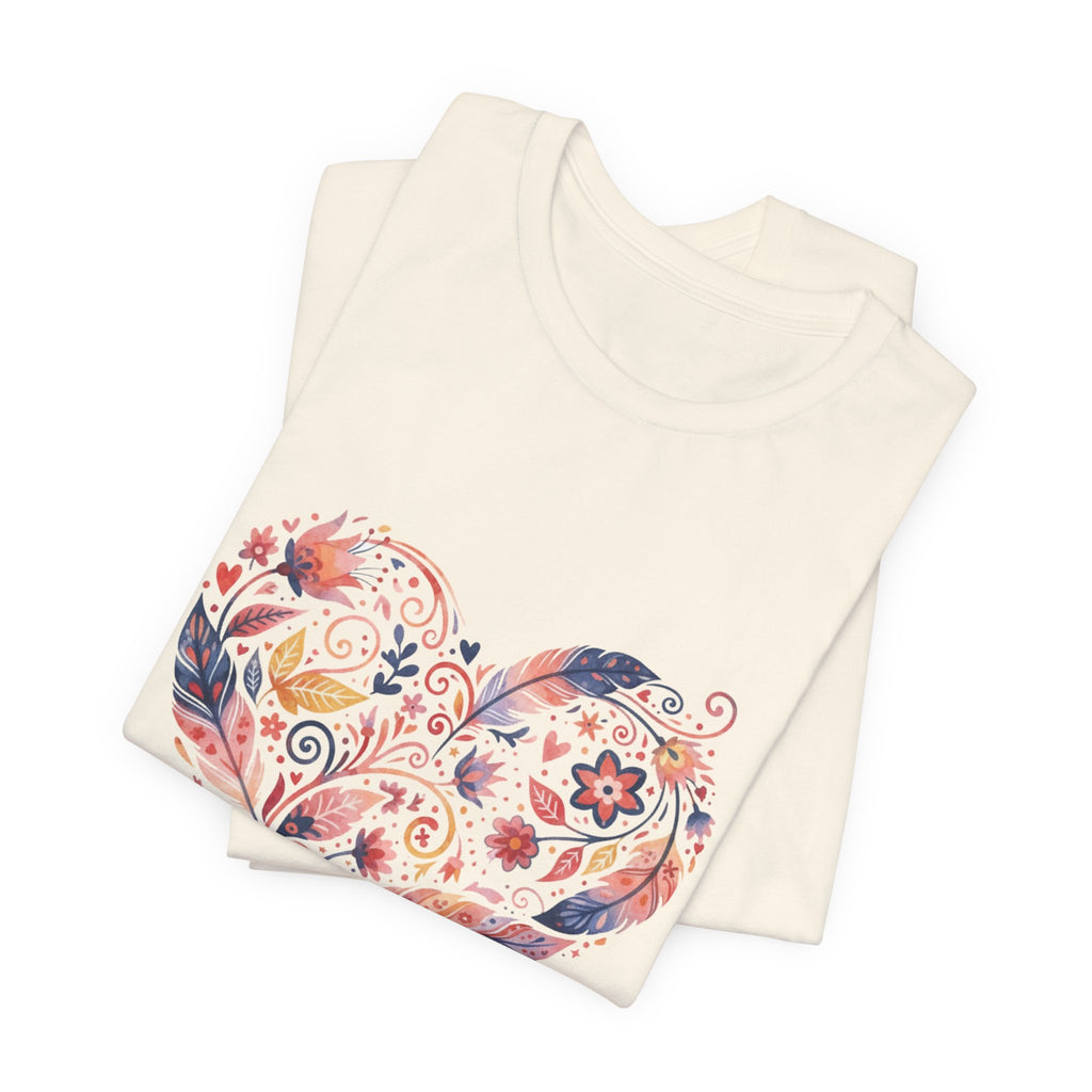 Floral Heart Graphic Tee — Boho Feather & Flower Design