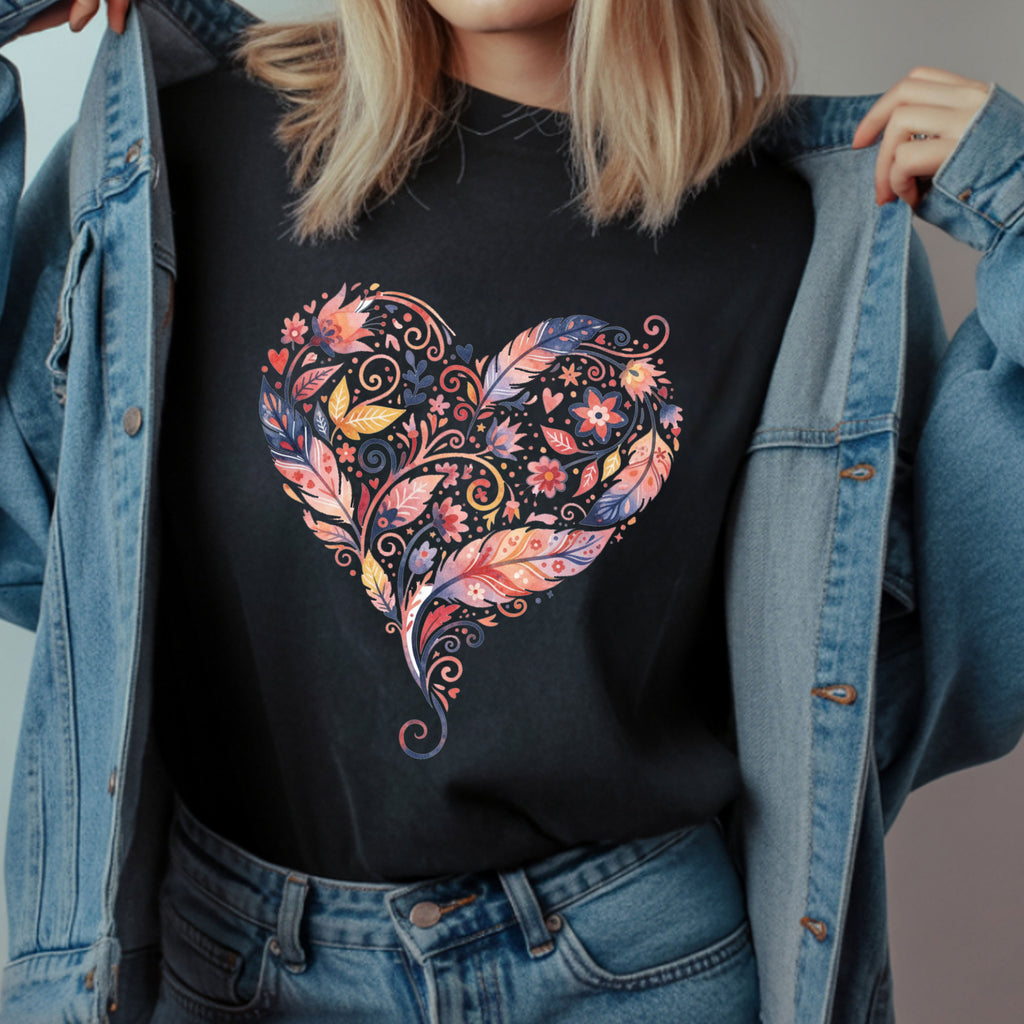 Floral Heart Graphic Tee — Boho Feather & Flower Design
