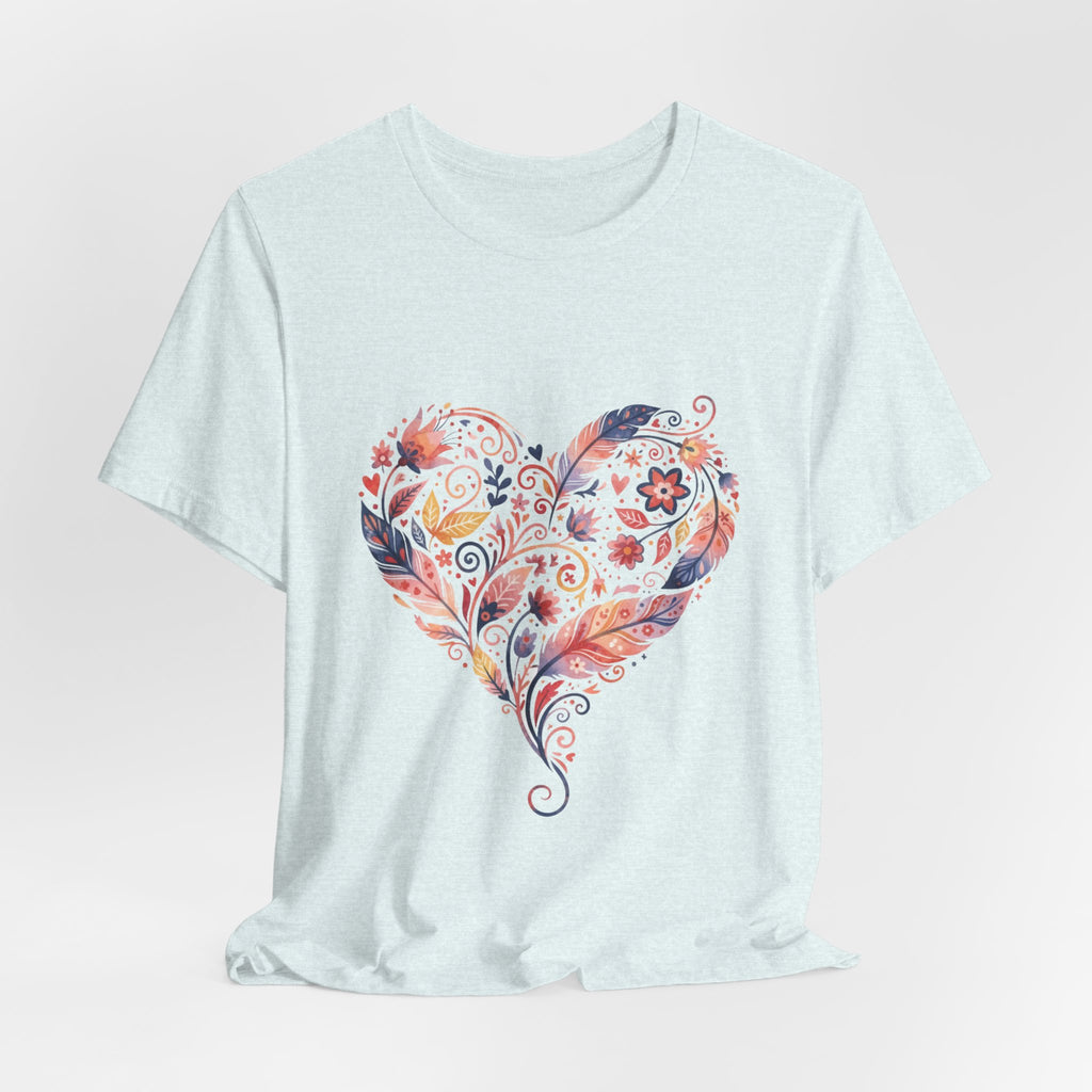 Floral Heart Graphic Tee — Boho Feather & Flower Design