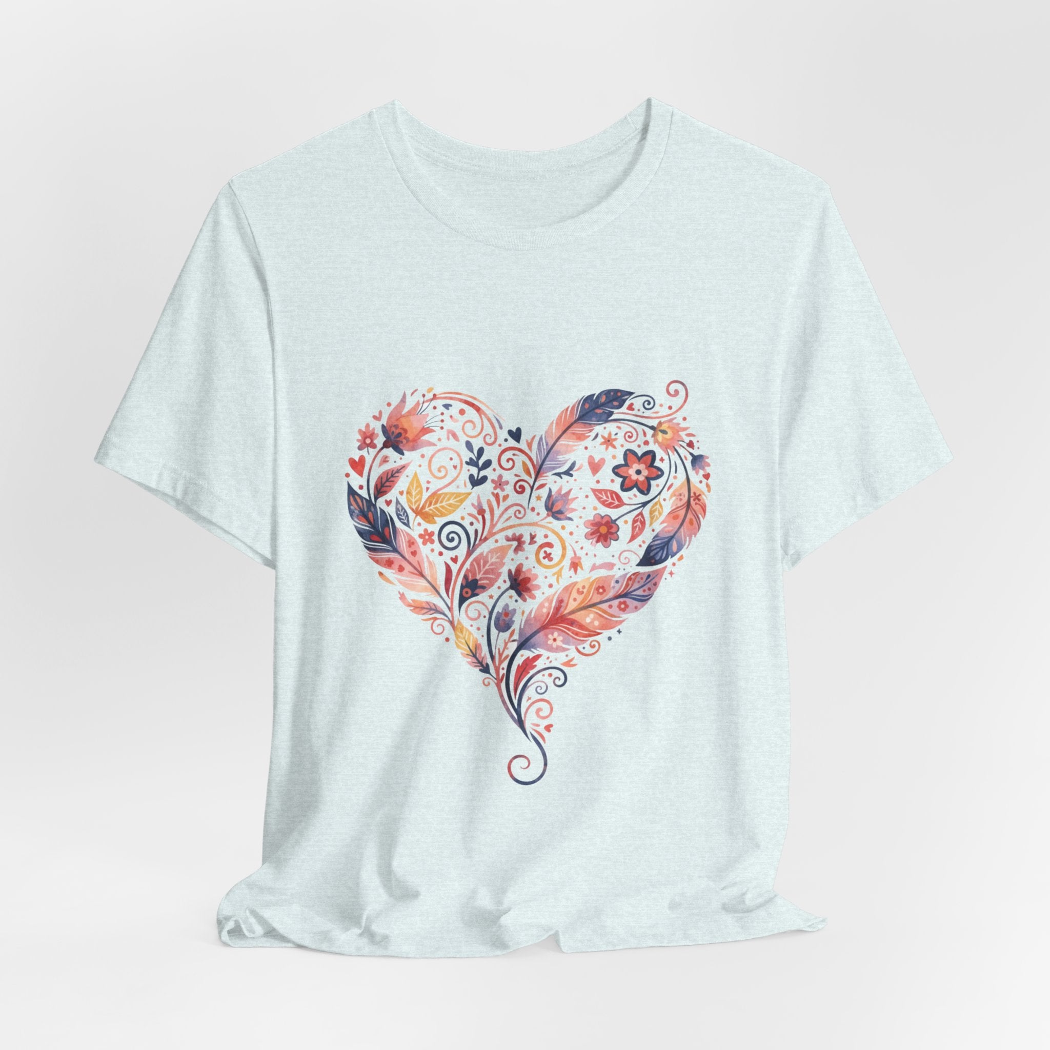 Floral Heart Graphic Tee — Boho Feather & Flower Design