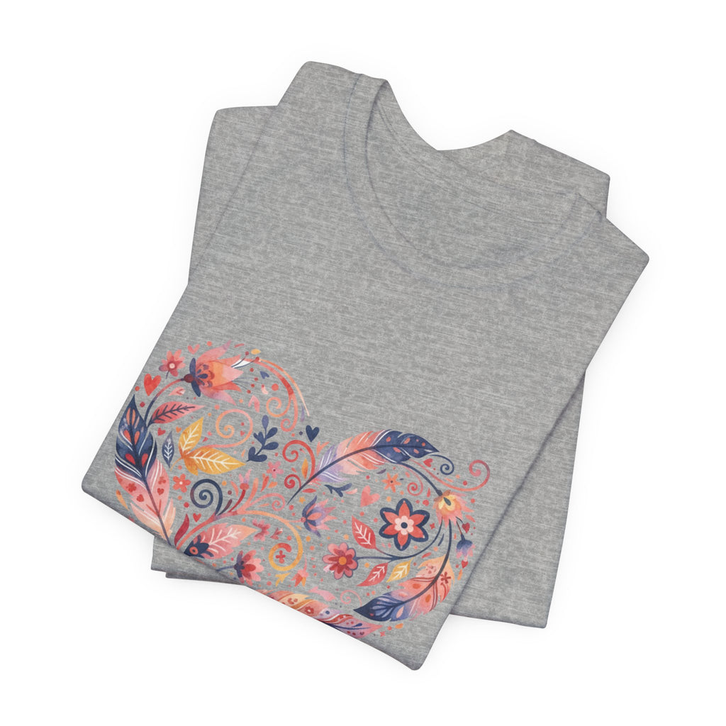 Floral Heart Graphic Tee — Boho Feather & Flower Design