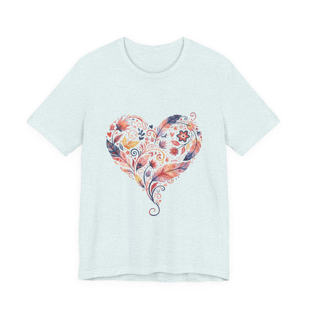 Floral Heart Graphic Tee — Boho Feather & Flower Design