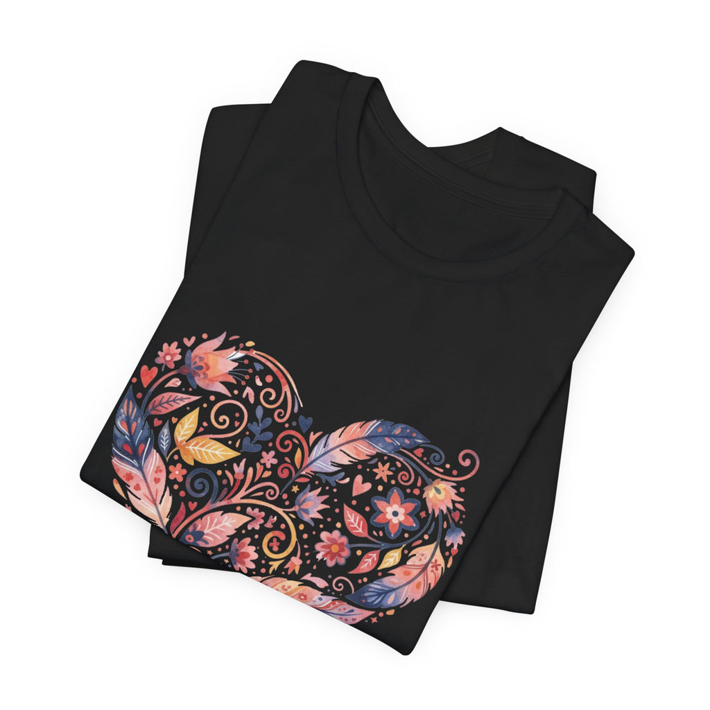 Floral Heart Graphic Tee — Boho Feather & Flower Design