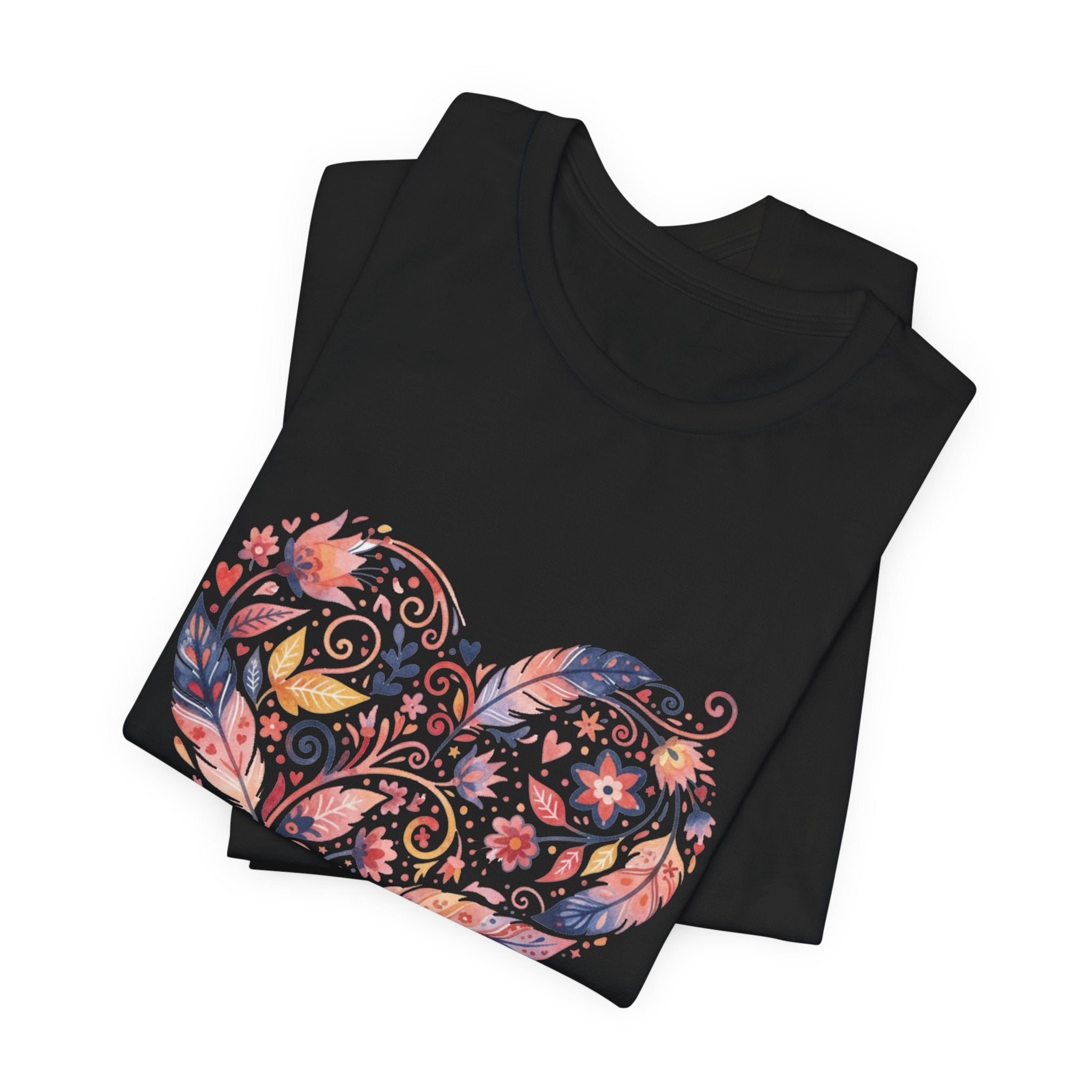Floral Heart Graphic Tee — Boho Feather & Flower Design