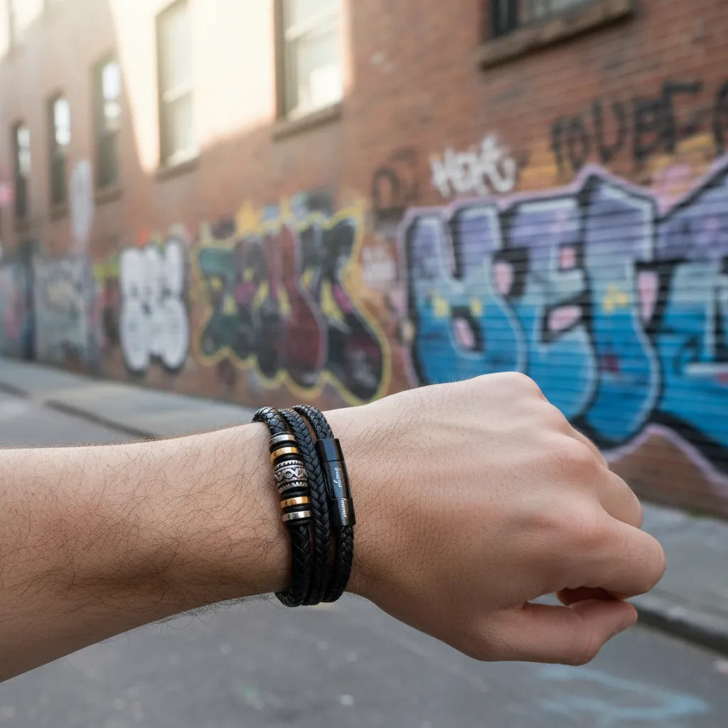 Gift for Husband - Anchor in our Family - Men's Leather Bracelet