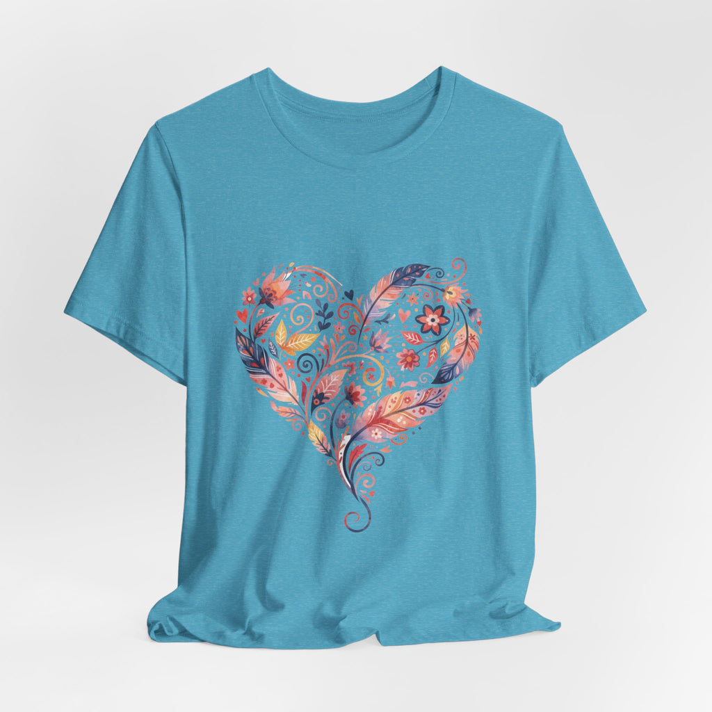 Floral Heart Graphic Tee — Boho Feather & Flower Design
