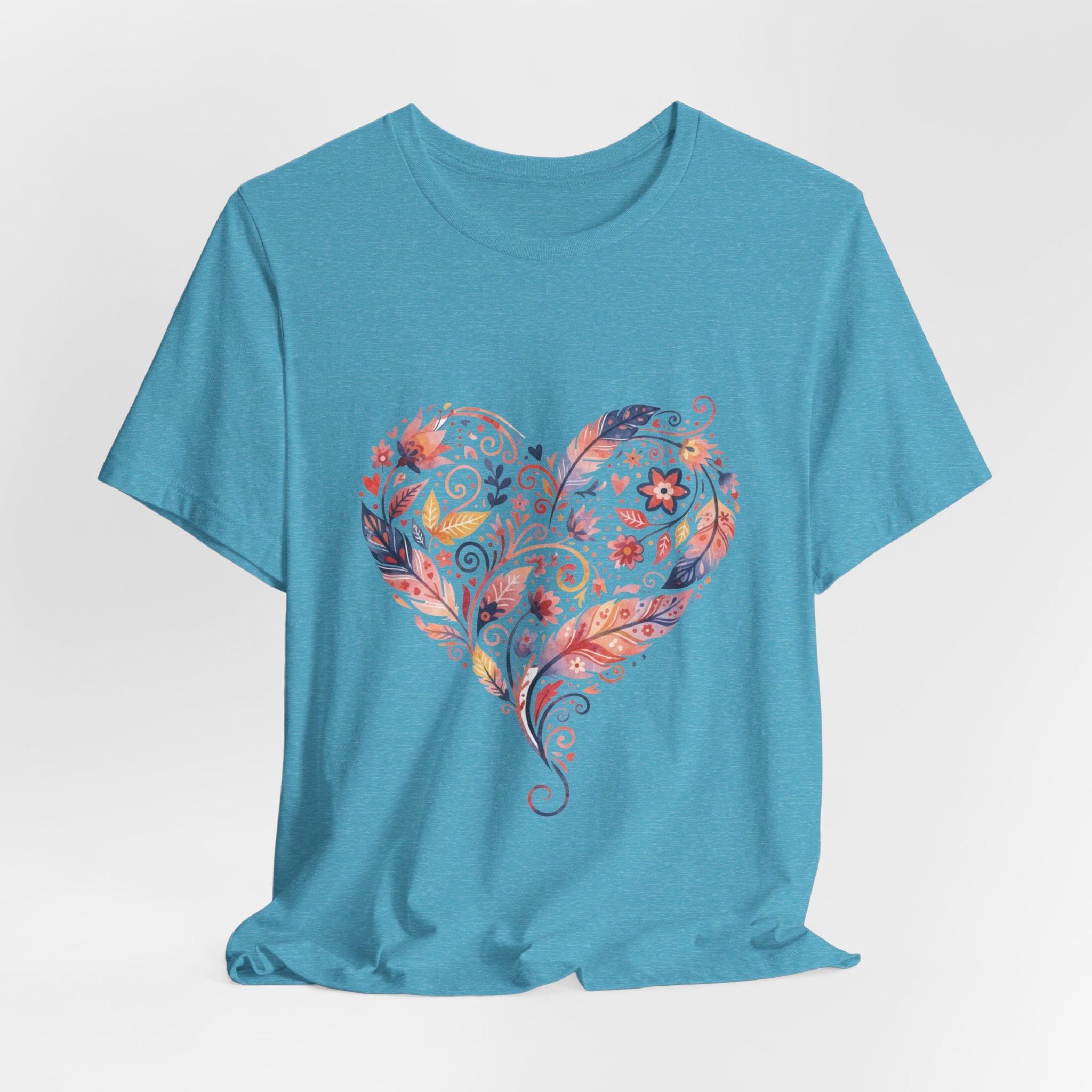 Floral Heart Graphic Tee — Boho Feather & Flower Design