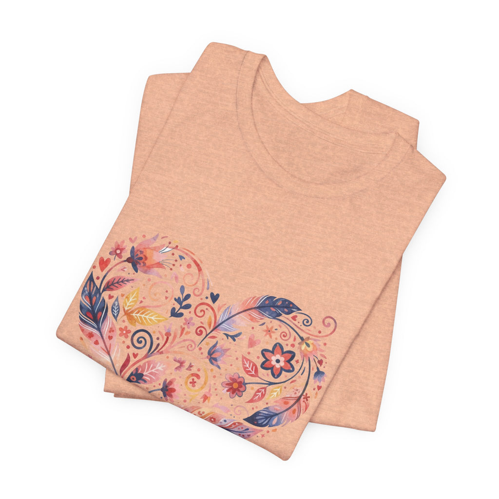 Floral Heart Graphic Tee — Boho Feather & Flower Design