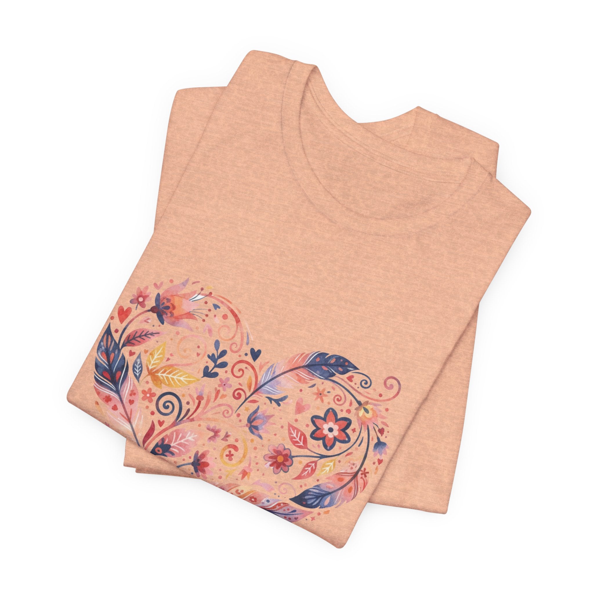 Floral Heart Graphic Tee — Boho Feather & Flower Design