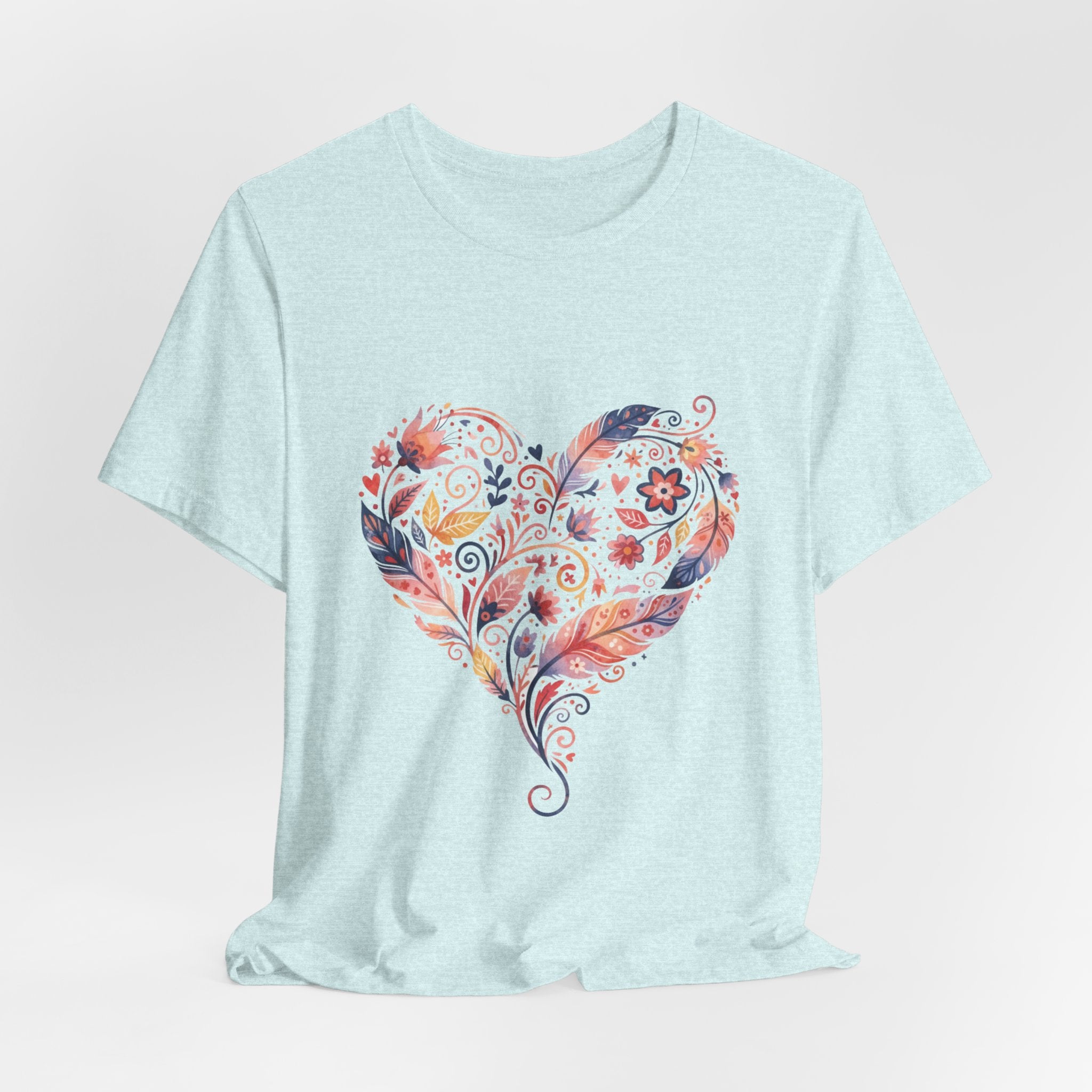 Floral Heart Graphic Tee — Boho Feather & Flower Design