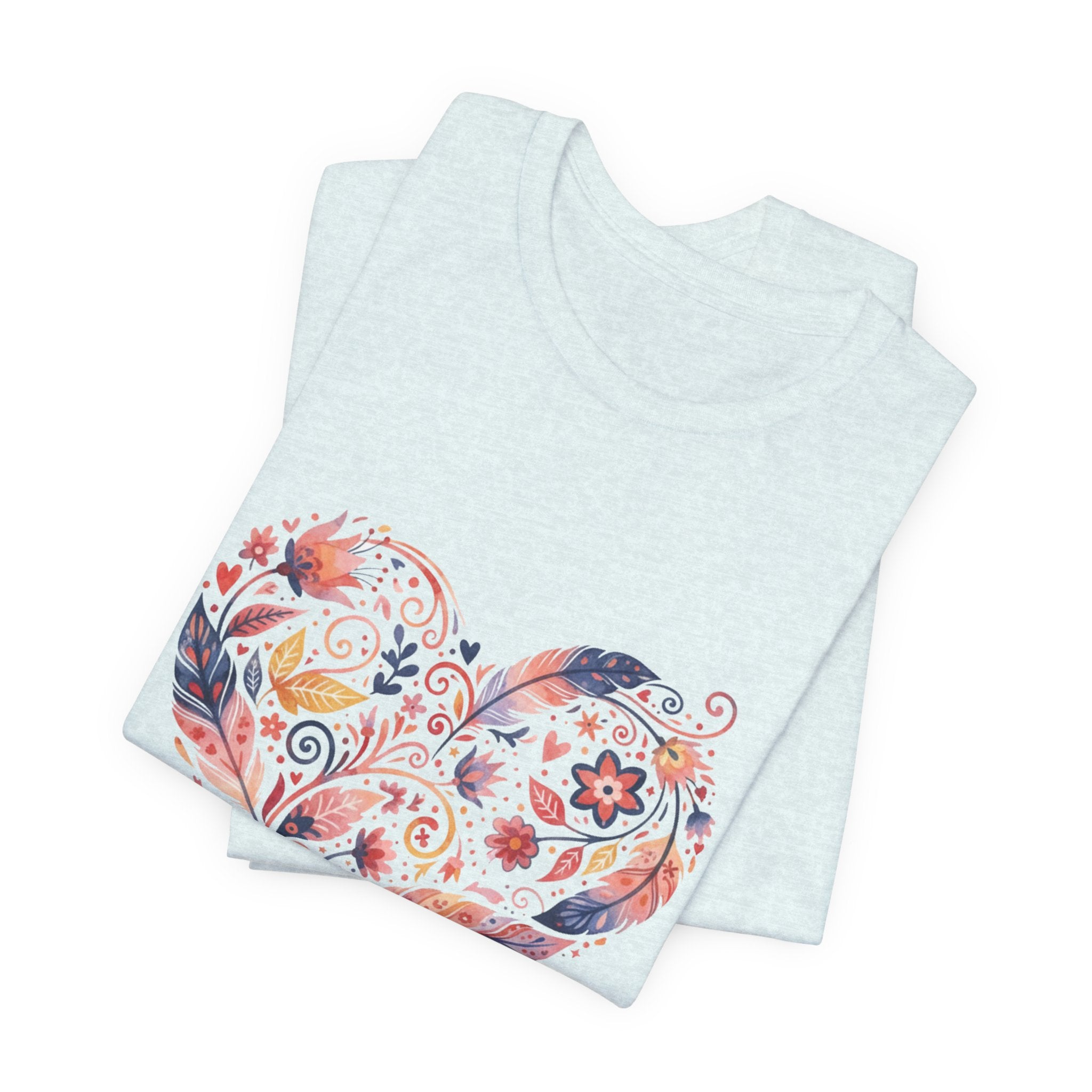 Floral Heart Graphic Tee — Boho Feather & Flower Design