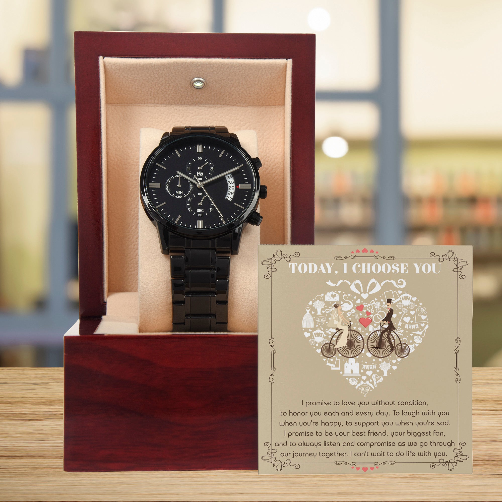 Wedding Day Gift from Bride to Groom - I Choose You - Black Chronograph Watch