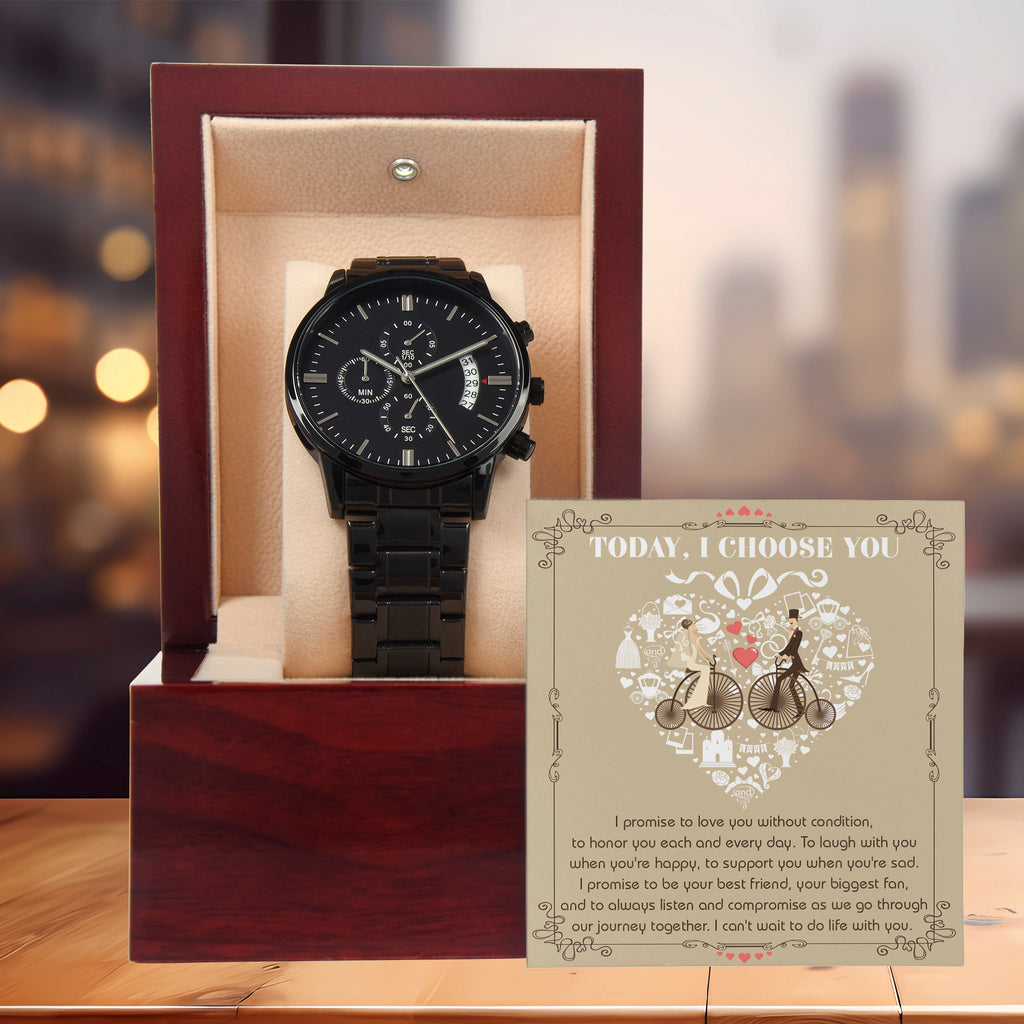 Wedding Day Gift from Bride to Groom - I Choose You - Black Chronograph Watch