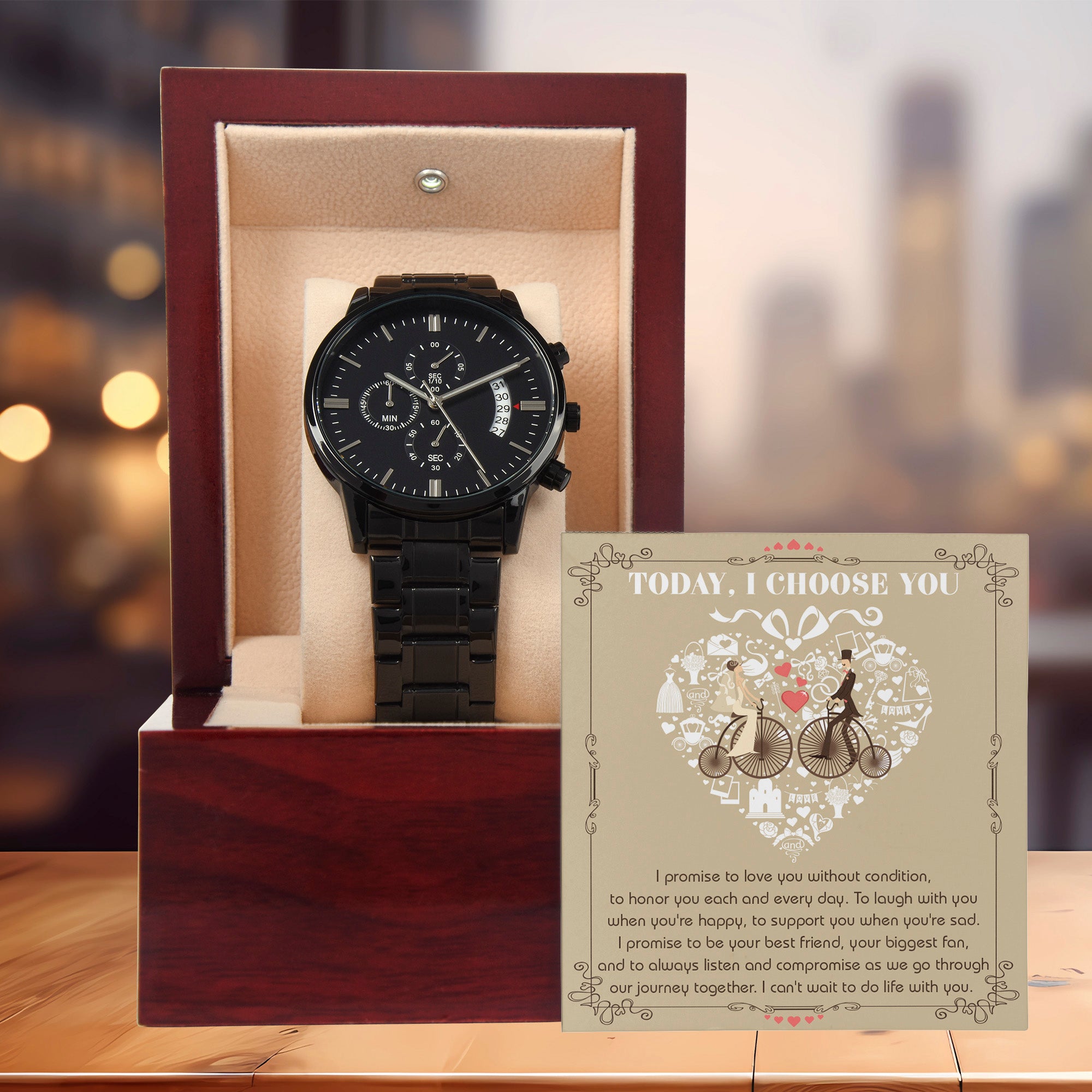 Wedding Day Gift from Bride to Groom - I Choose You - Black Chronograph Watch