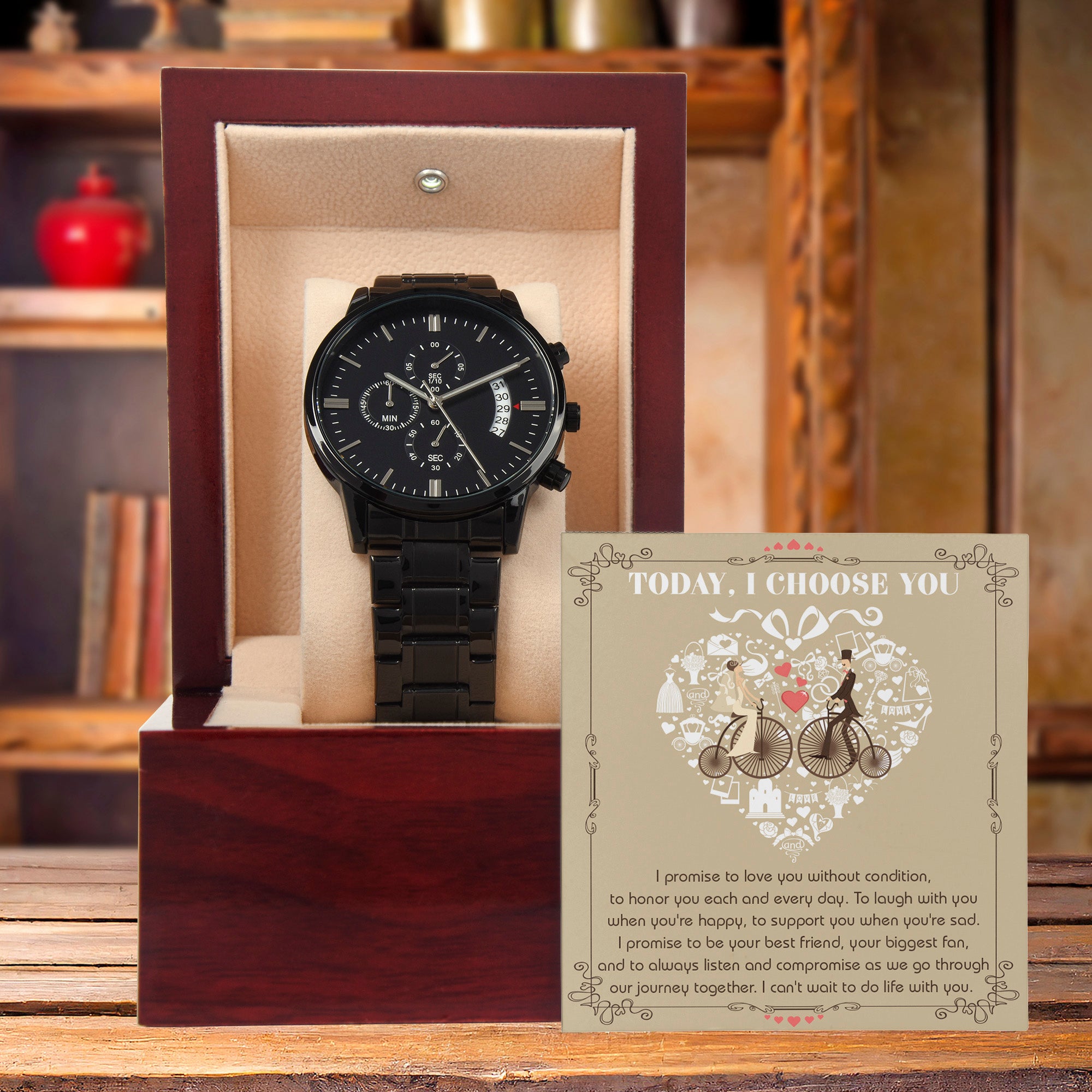 Wedding Day Gift from Bride to Groom - I Choose You - Black Chronograph Watch