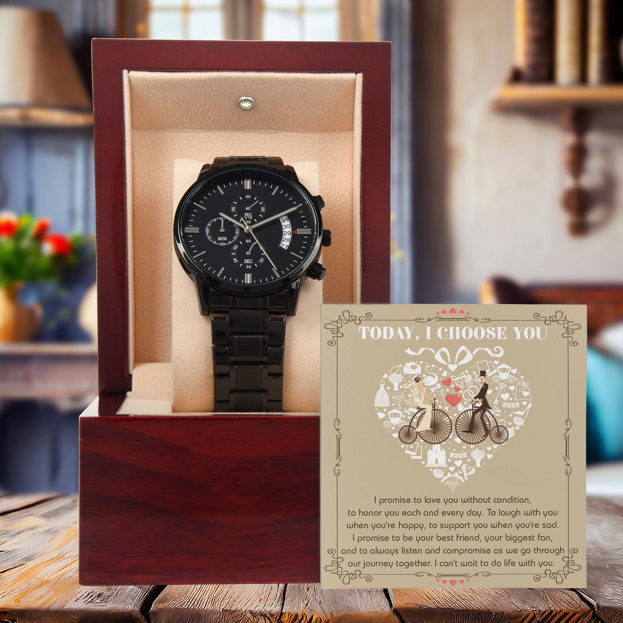 Wedding Day Gift from Bride to Groom - I Choose You - Black Chronograph Watch