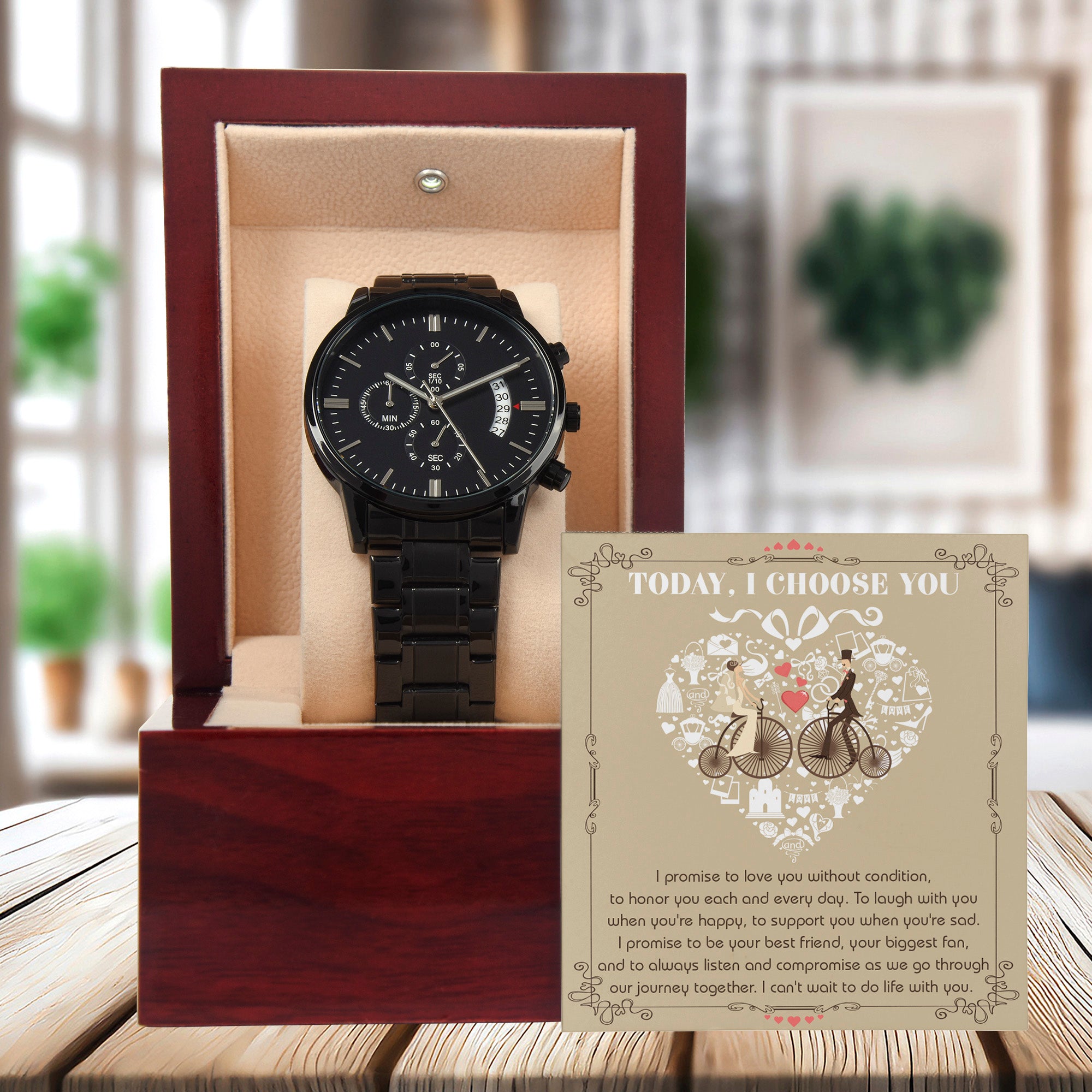 Wedding Day Gift from Bride to Groom - I Choose You - Black Chronograph Watch