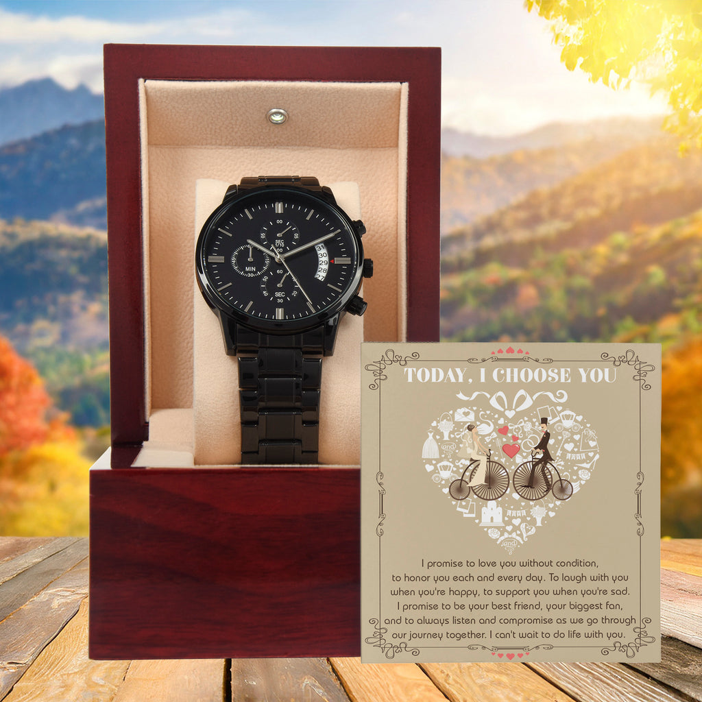 Wedding Day Gift from Bride to Groom - I Choose You - Black Chronograph Watch