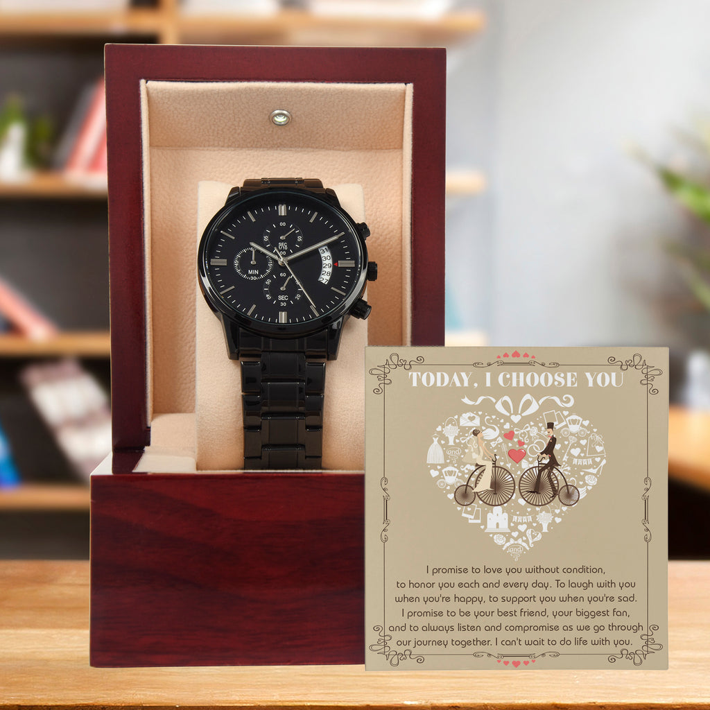 Wedding Day Gift from Bride to Groom - I Choose You - Black Chronograph Watch