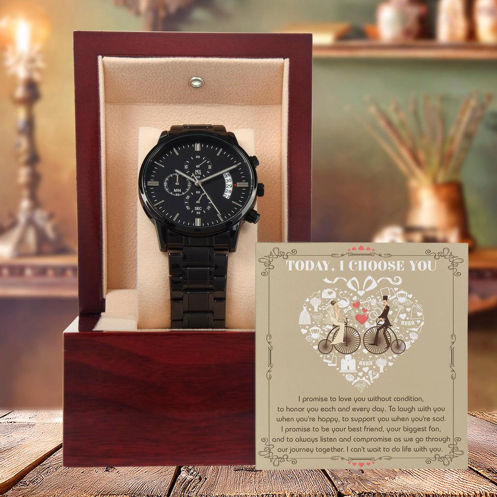 Wedding Day Gift from Bride to Groom - I Choose You - Black Chronograph Watch