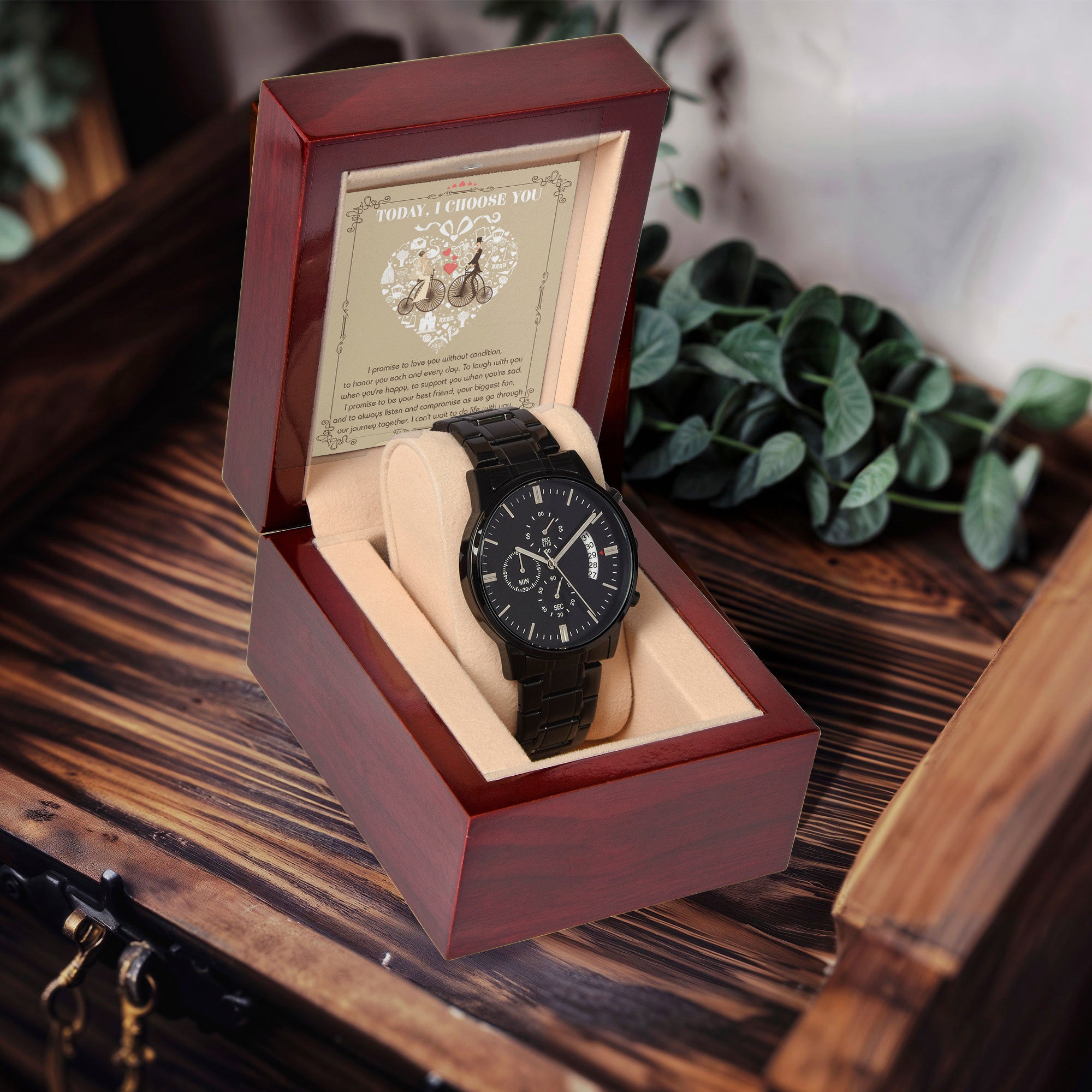 Wedding Day Gift from Bride to Groom - I Choose You - Black Chronograph Watch
