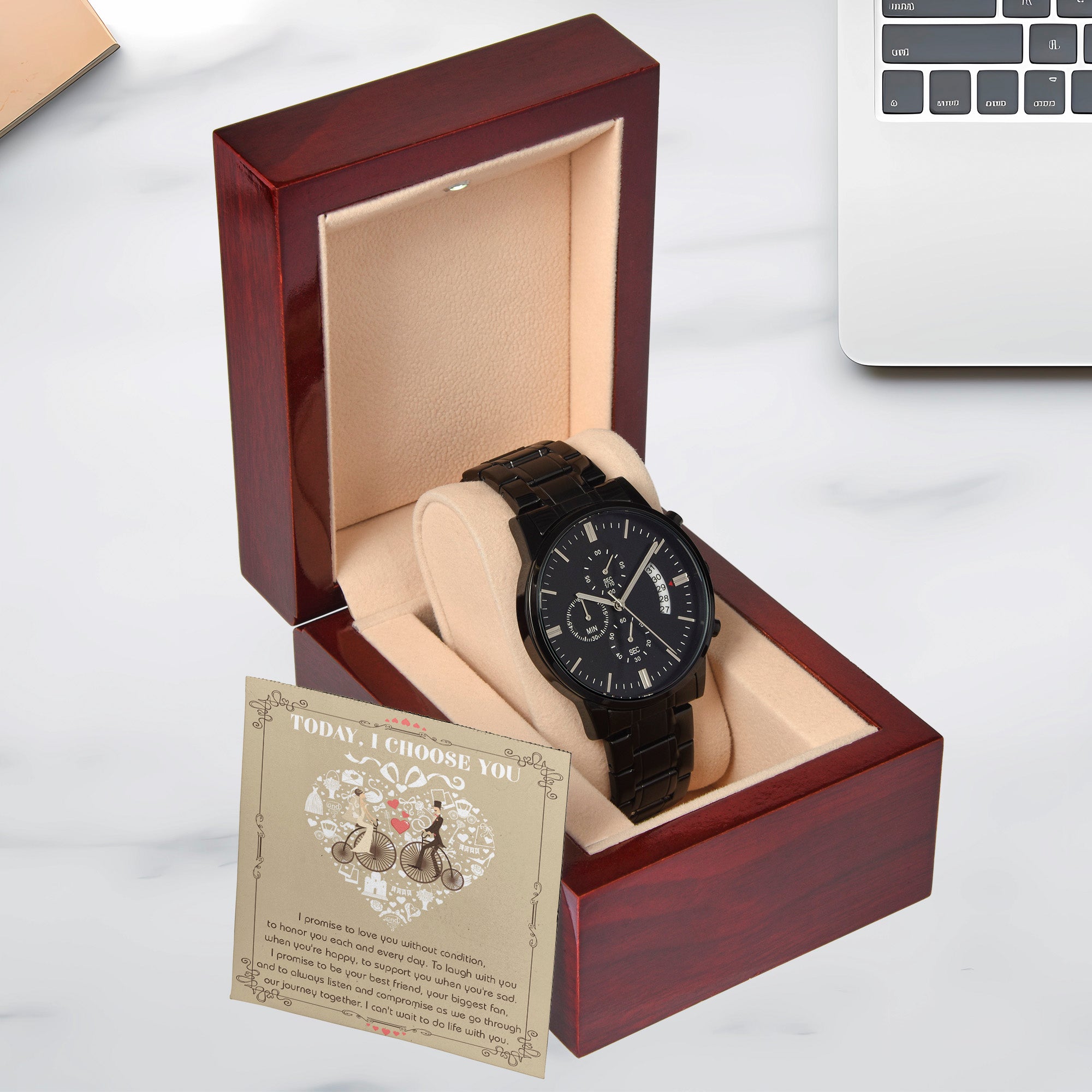 Wedding Day Gift from Bride to Groom - I Choose You - Black Chronograph Watch