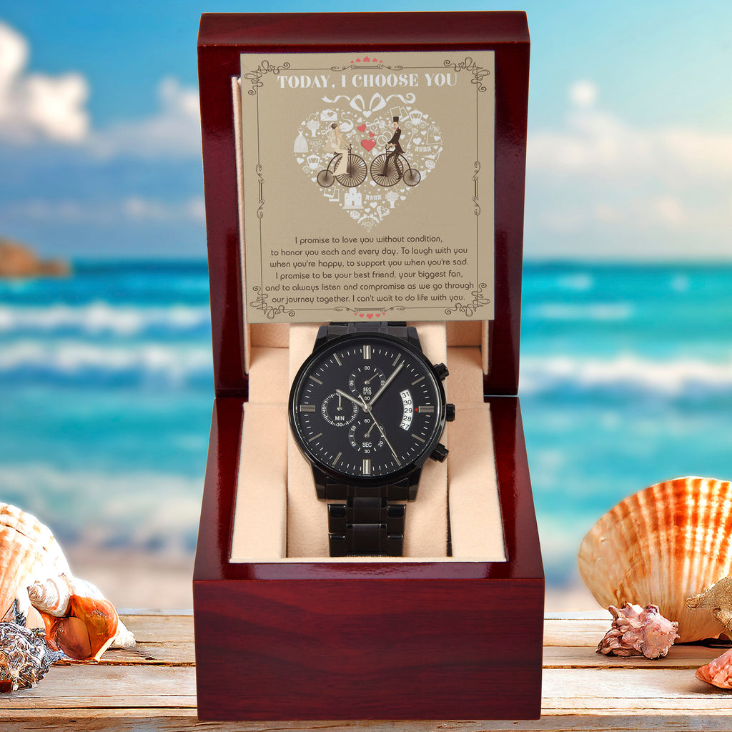 Wedding Day Gift from Bride to Groom - I Choose You - Black Chronograph Watch