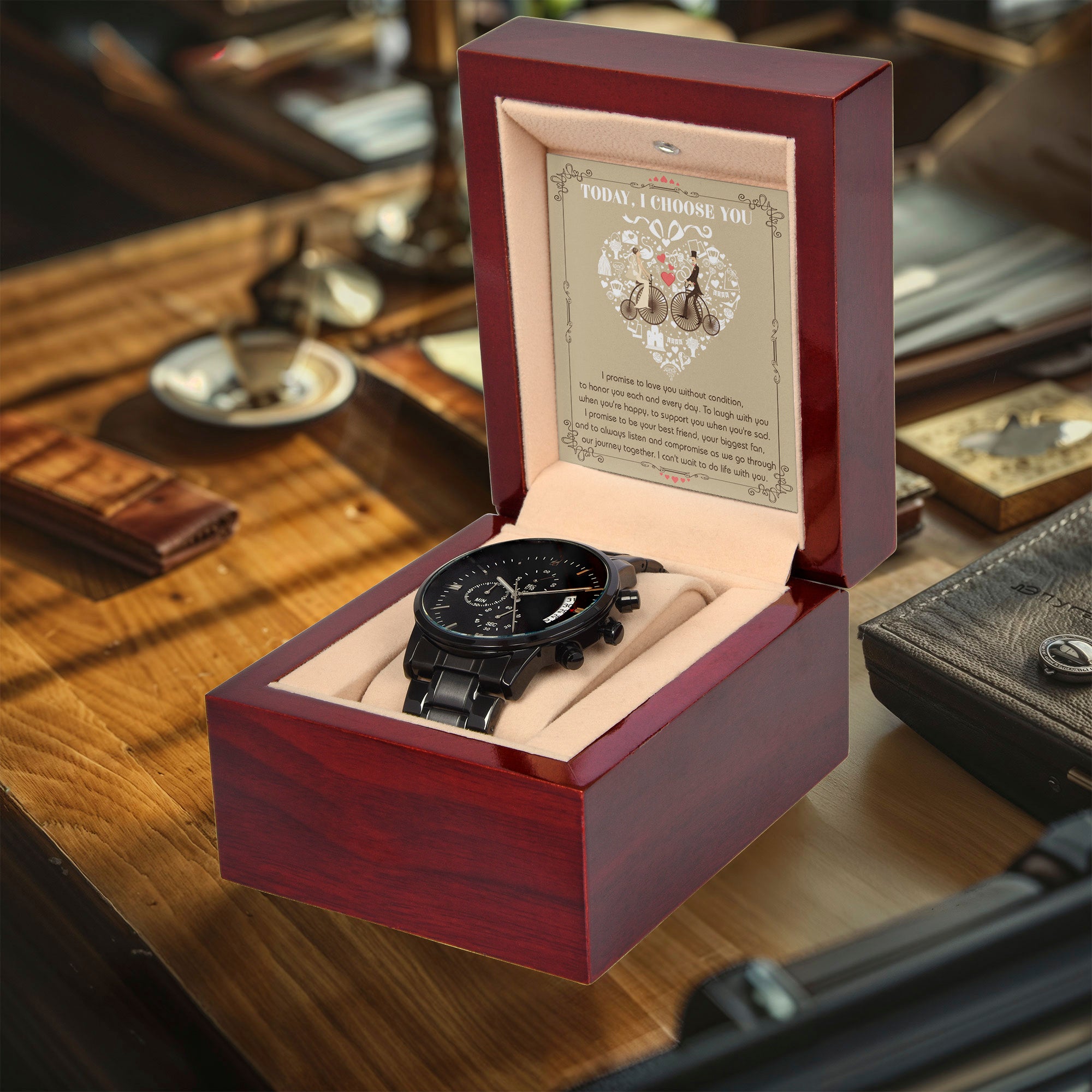 Wedding Day Gift from Bride to Groom - I Choose You - Black Chronograph Watch